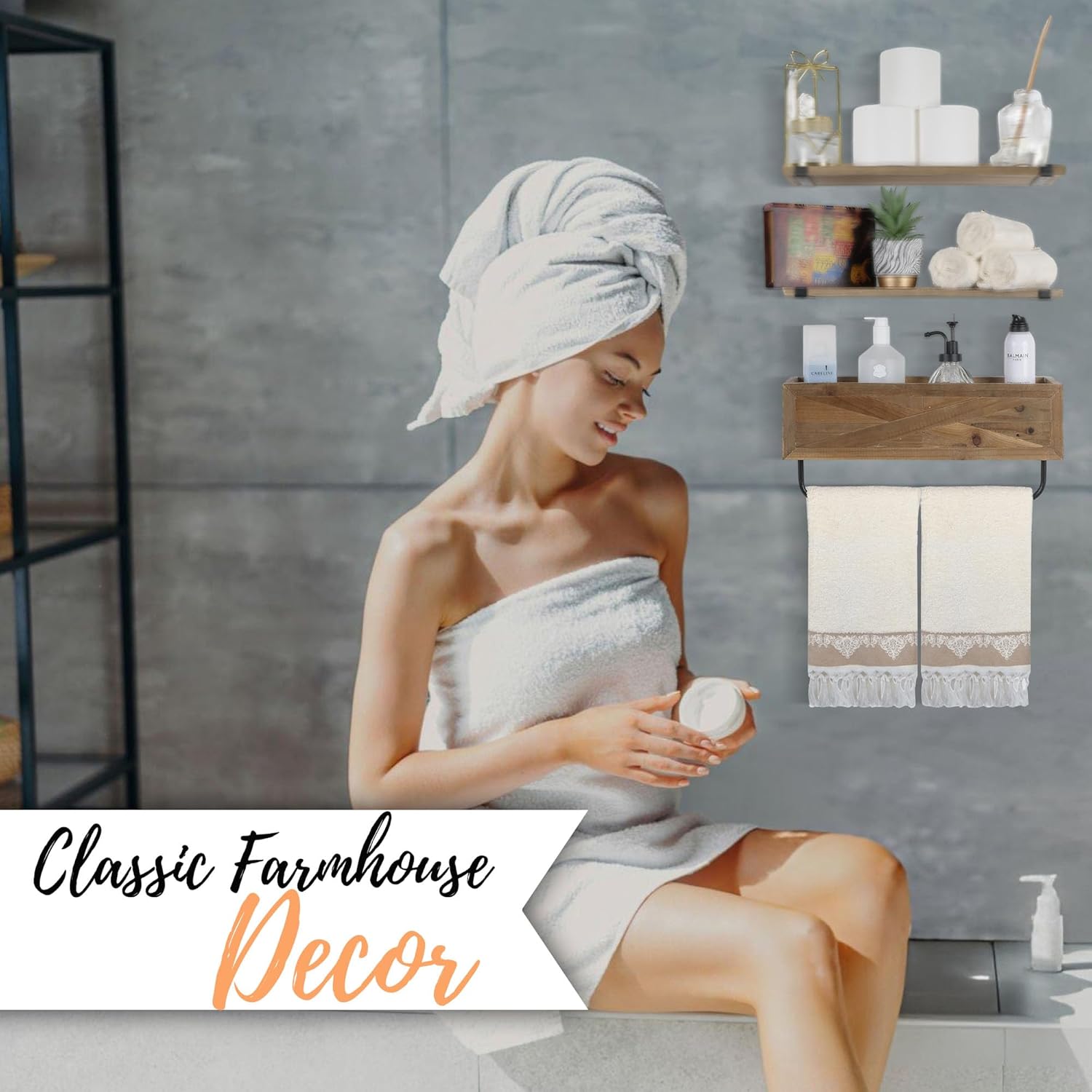 Rustic Farmhouse Bathroom Shelves Wall Mounted – Industrial Floating Shelves for Bathroom with Towel Bar