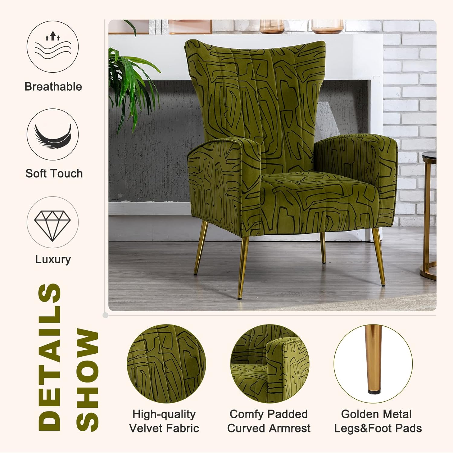 Velvet Accent Chair with Metal Gold Legs Upholstered Wingback Armchair Side Lounge Chair Leisure Single Sofa Arm Club Reading Chair for Living Room Bedroom Office (Olive)