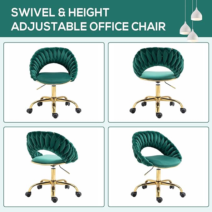 Swivel Velvet Home Office Chair, Upholstered Desk Chair, Modern Accent Armchair, Tufted Computer Task Stools with Gold Base for Girls, Women, Study, Living Room (Emerald)