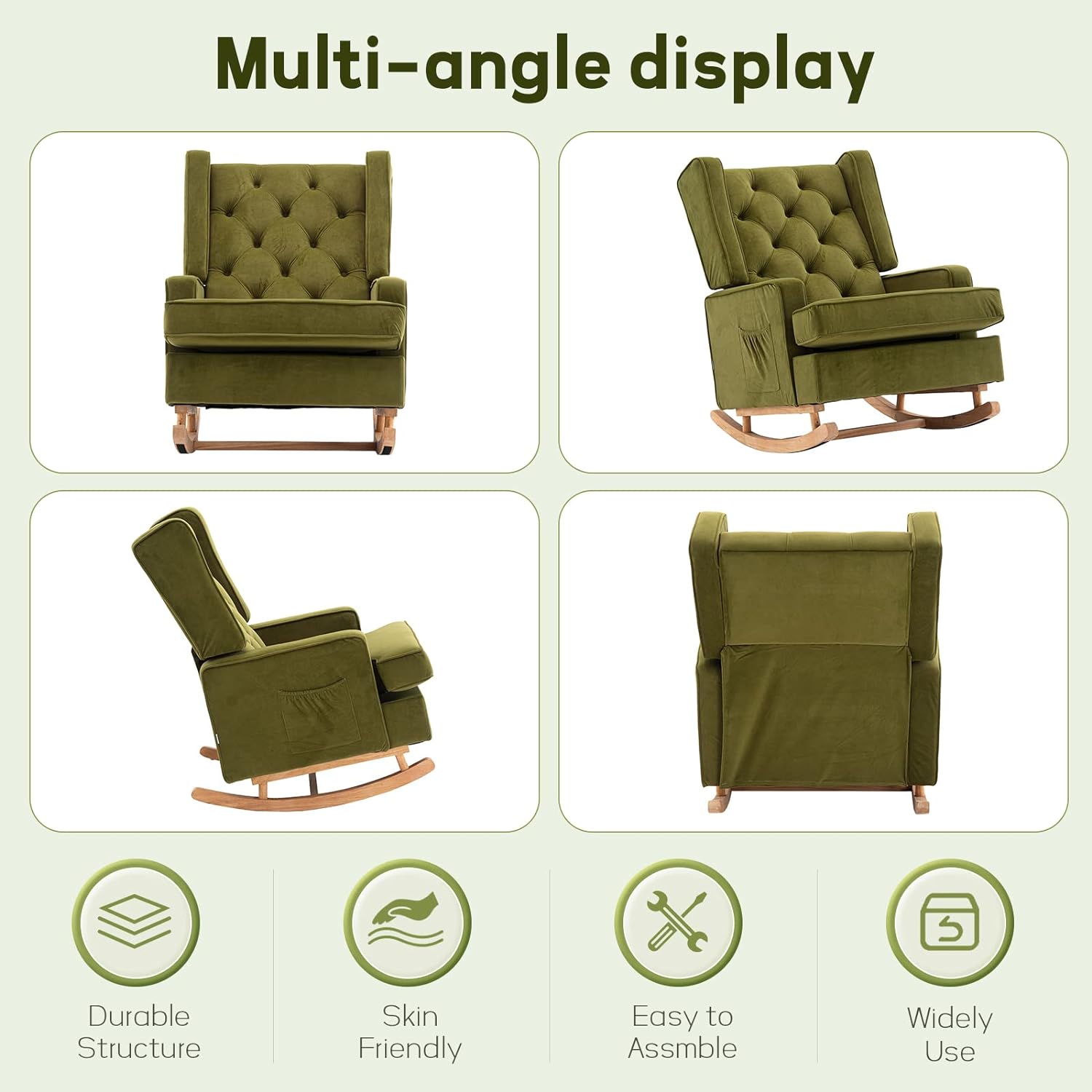 Nursery Rocking Chair Upholstered Rocking Accent Chair Glider Rocker Linen Padded Seat with High Backrest Armchair Comfy Side Chair for Living Room Bedroom Offices (Olive)