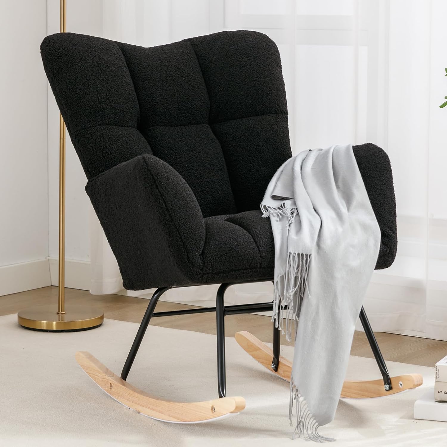 Nursery Rocking Chair Teddy Upholstered Glider Rocker Rocking Accent Chair Padded Seat with High Backrest Armchair Comfy Side Chair for Living Room Bedroom Offices (Ivory Teddy)