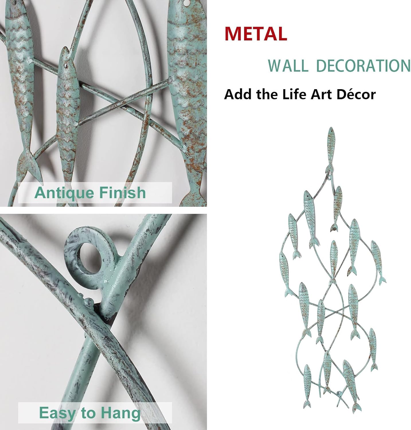 Decorative Distressed Blue Iron School of Fish Wall Hanging Accents Decor Widget