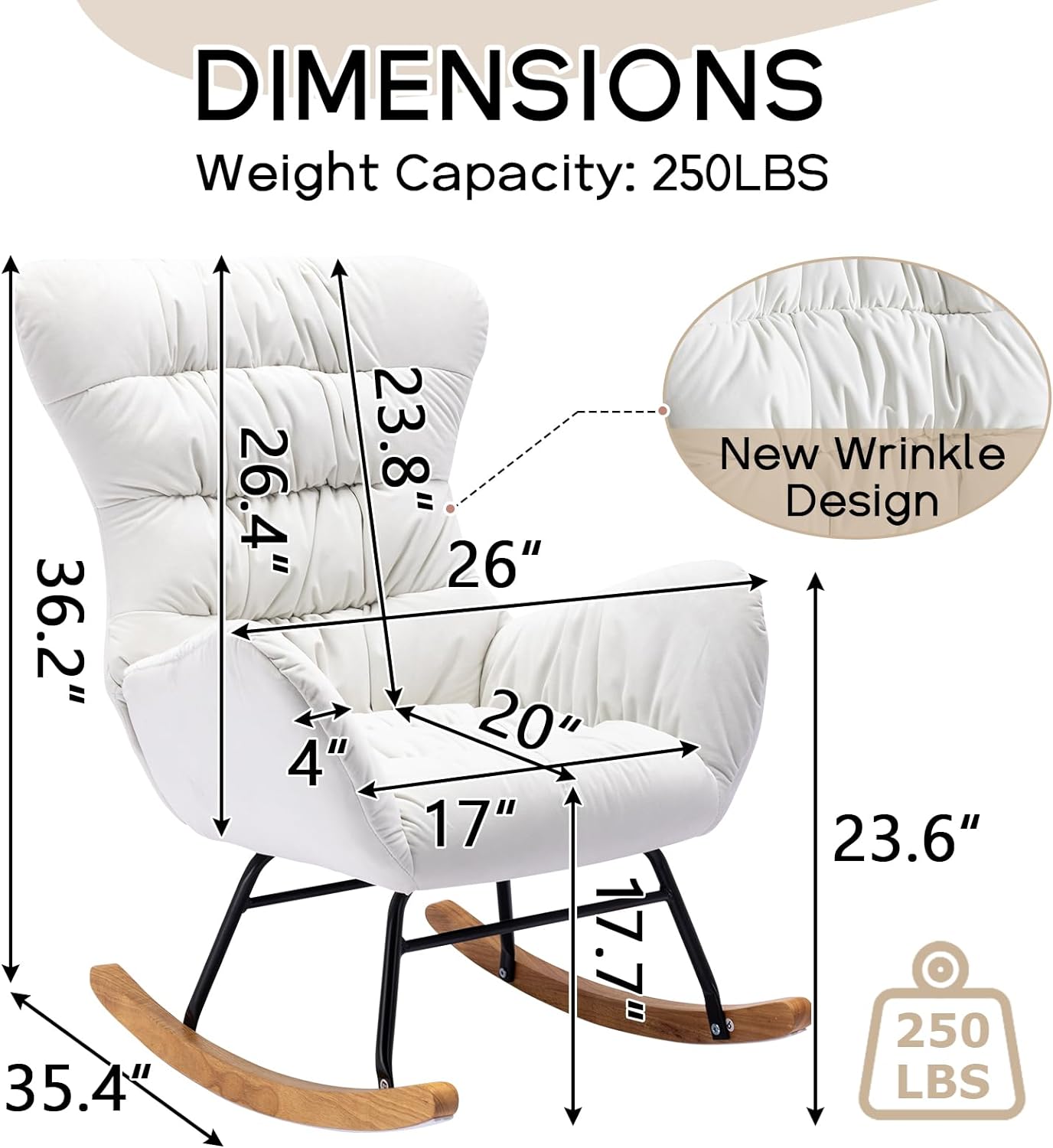 Nursery Rocking Chair, Velvet Upholstered Glider Rocker, Rocking Accent Chair with High Backrest, Comfy Rocking Accent Armchair for Living Room, Bedroom, Offices (Ivory Velvet)