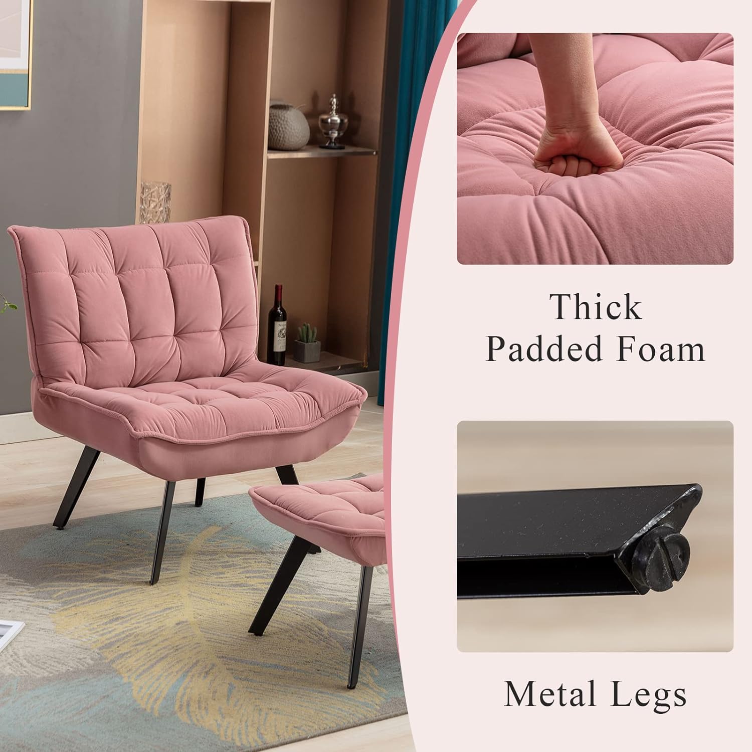 Accent Chair with Ottoman, Tufted Upholstered Lazy Chair, Club Chair, Leisure Single Sofa with Footrest, Reading Chair with Adjustable Leg, for Living Room, Bedroom, Office (Pink)