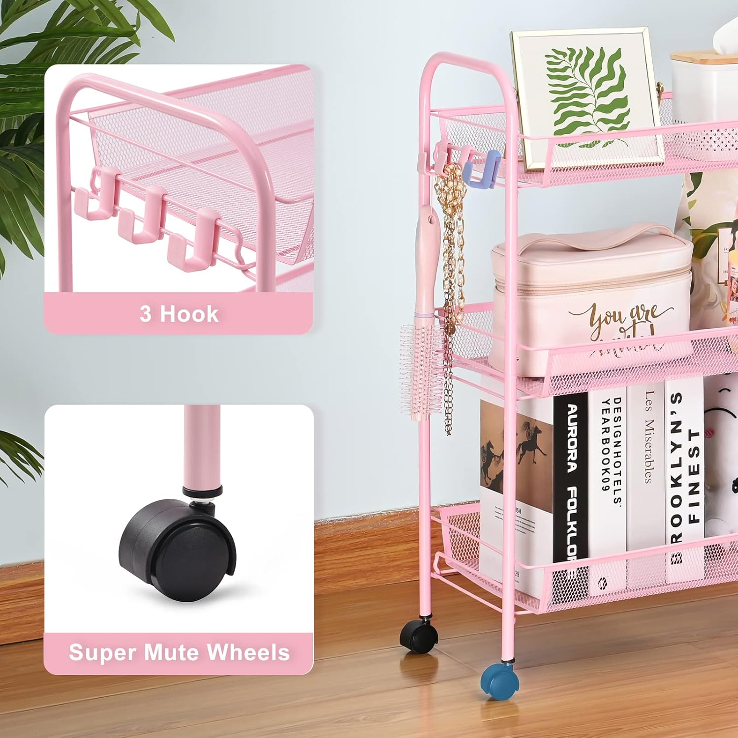 3-Tier Metal Rolling Cart, Mesh Wire Easy Assemble Utility Cart, Storage Trolley on Wheels with 3 Hooks
