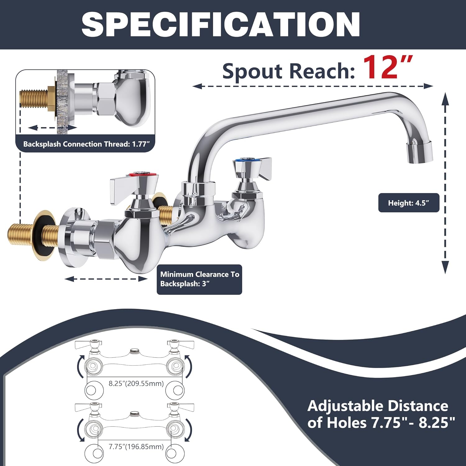 Wall Mount Commercial Sink Faucet with 12” Swivel Spout Polish Chrome Brass Utility Sink Faucet for Kitchen Laundry Restaurant Industrial Compartment Sink（Include 90 Degree Adapters）