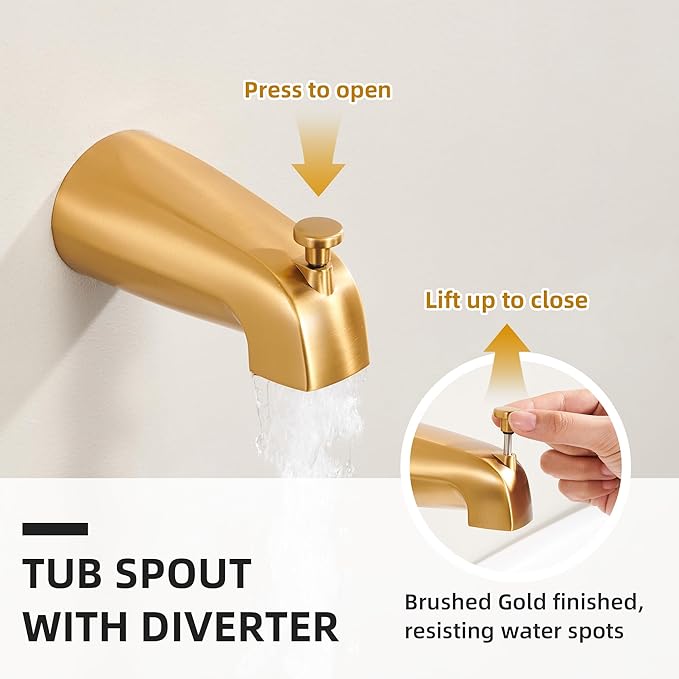 Gold Shower Faucet Set with Valve, Tub and Shower Faucet Combo, Bathtub Faucet Kit with 8-Inch Shower head and Tub Spout