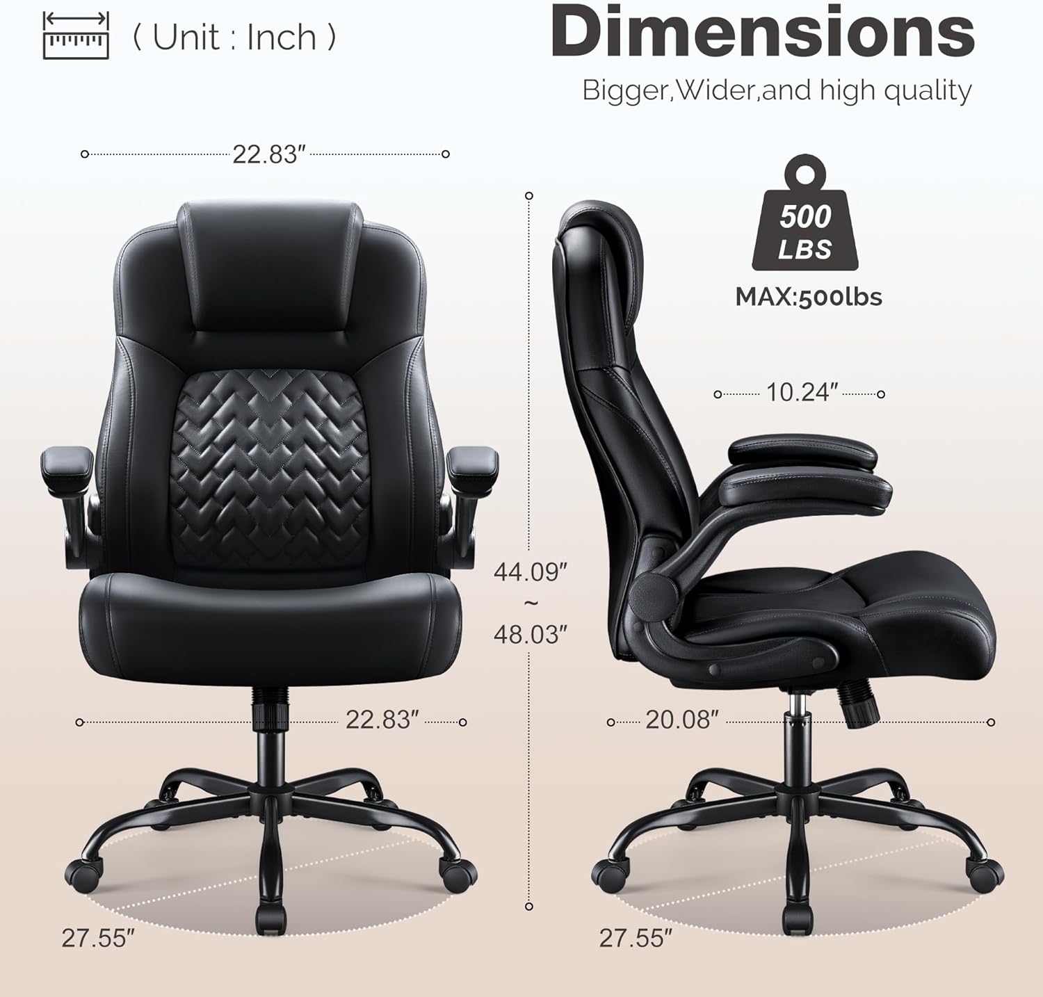 Big and Tall Office Chair 500lbs, Heavy Duty Office Chairs, Ergonomic High Back Desk Chair, Adjustable Flip Up Armrest Executive Chair Made of PU Leather, Computer Chair for Gaming Desk
