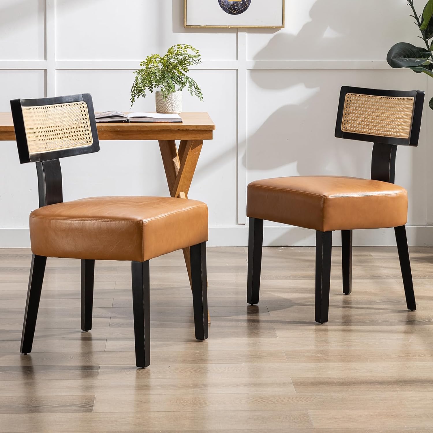 PU Leather Dining Chairs Set of 2, Modern Accent Chairs with Rattan Backrest, Armless Mesh Back Chairs, Leisure Lounge Chairs for Living Room, Dining Room (Brown PU)