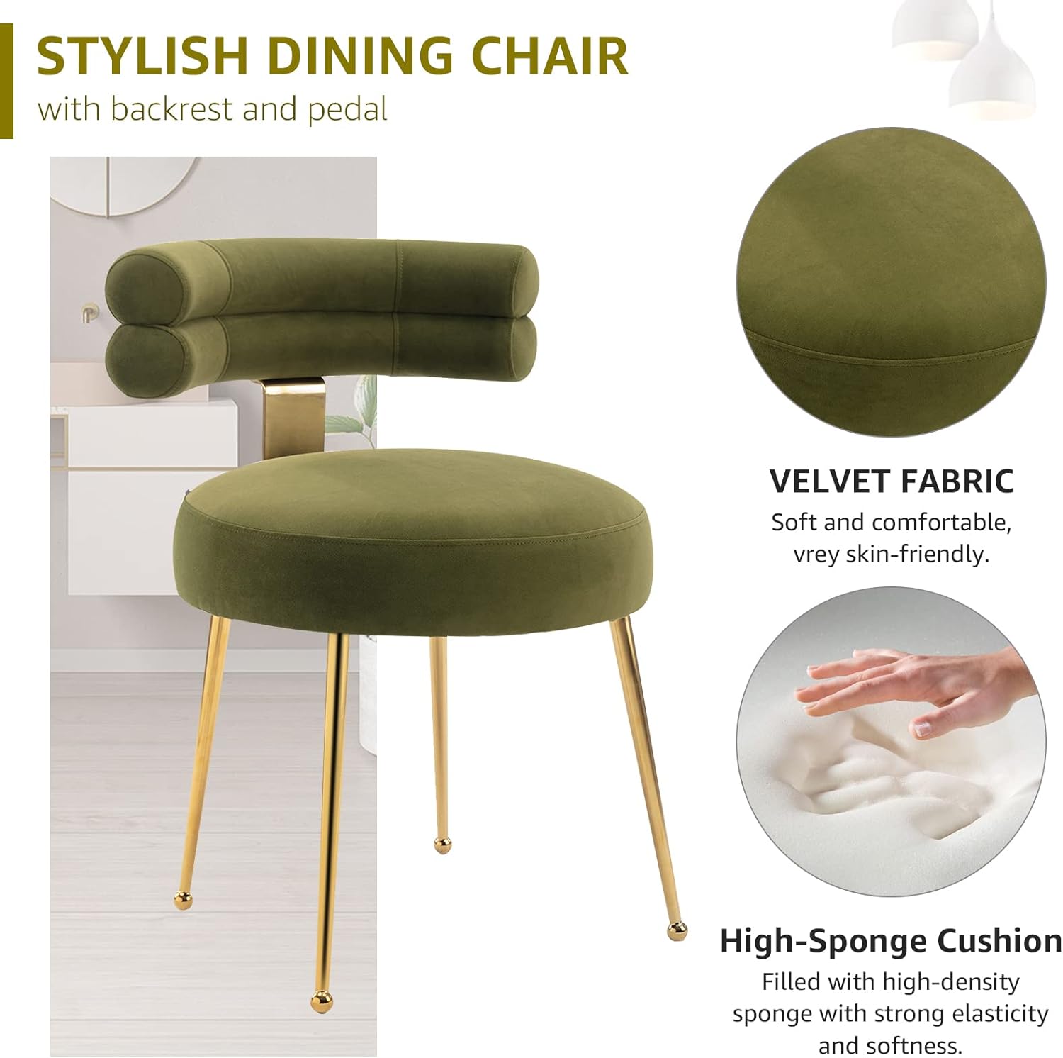 Velvet Dining Chairs Set of 2 Modern Upholstered Side Chairs with Gold Legs, Comfy Curved Back Accent Chairs, Stylish Vanity Chairs for Dining Room, Living Room, Bedroom (2, Olive)