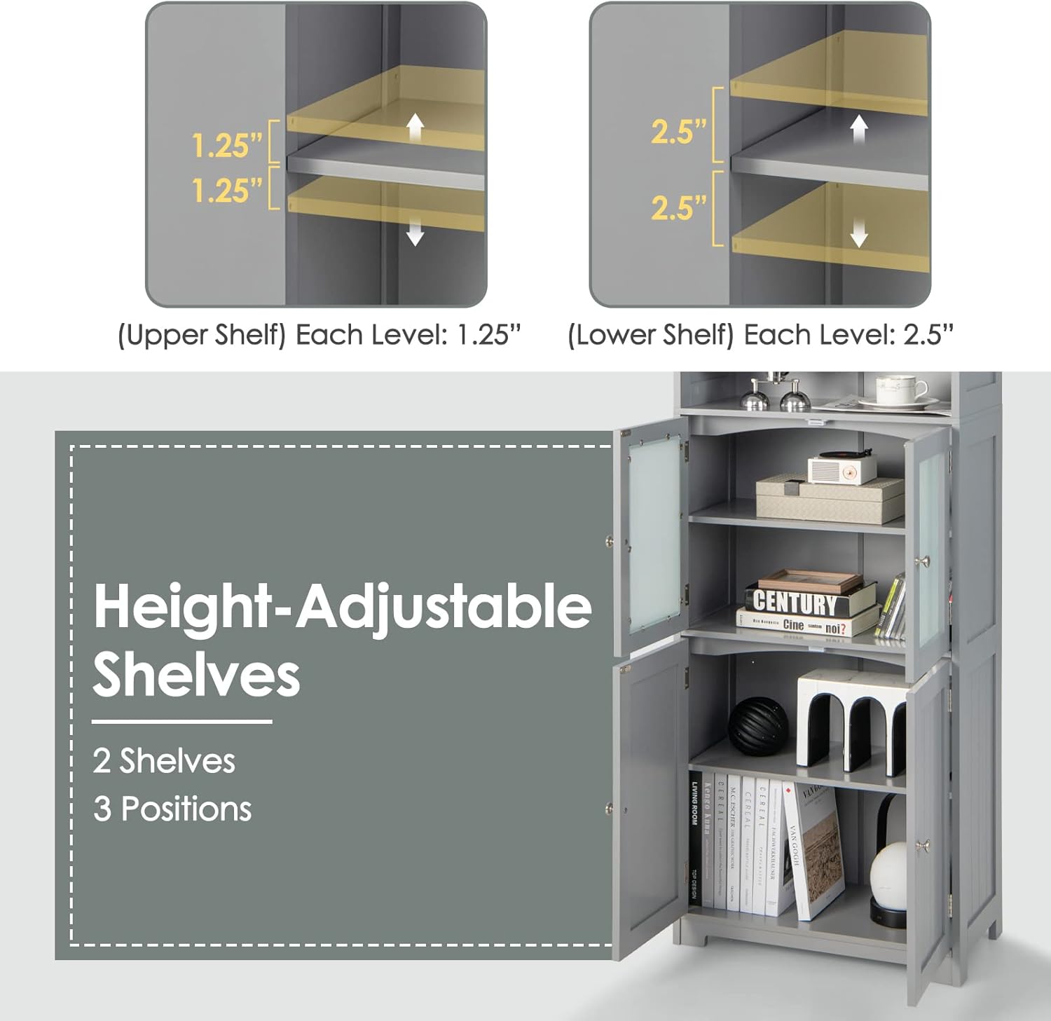 Tall Bathroom Storage Cabinet, Freestanding Floor Cabinet w/2 Glass Doors & 2 Open Shelves, 3-Position Adjustable Shelves, Anti-toppling Design