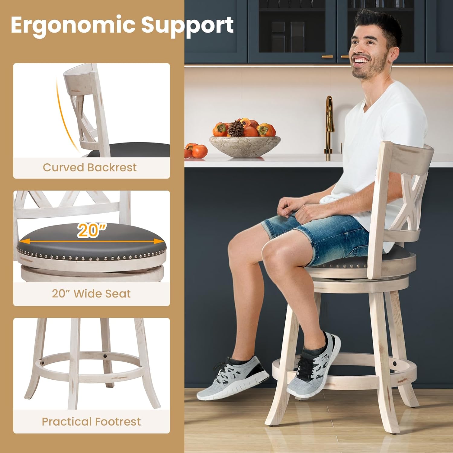 25.5" Bar Stools Set of 2, Swivel Counter Height Stools w/Back, 20" Wide Padded Seat, Rubber Wood Frame, Armless Farmhouse Barstools for Kitchen Island, Café, Pub, Dining Room, Antique White