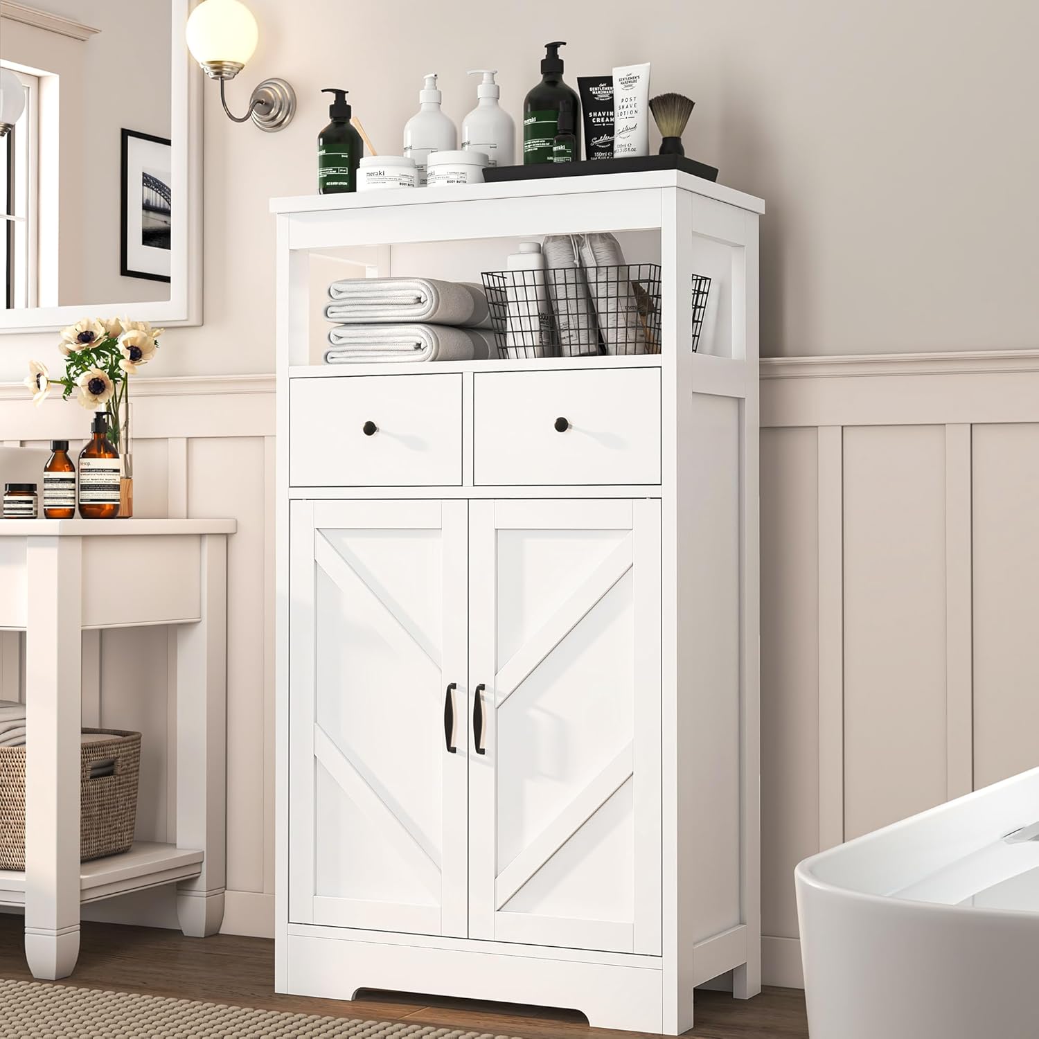 Farmhouse Storage Cabinet, Bathroom Storage Cabinet with 2 Drawers & Adjustable Shelves