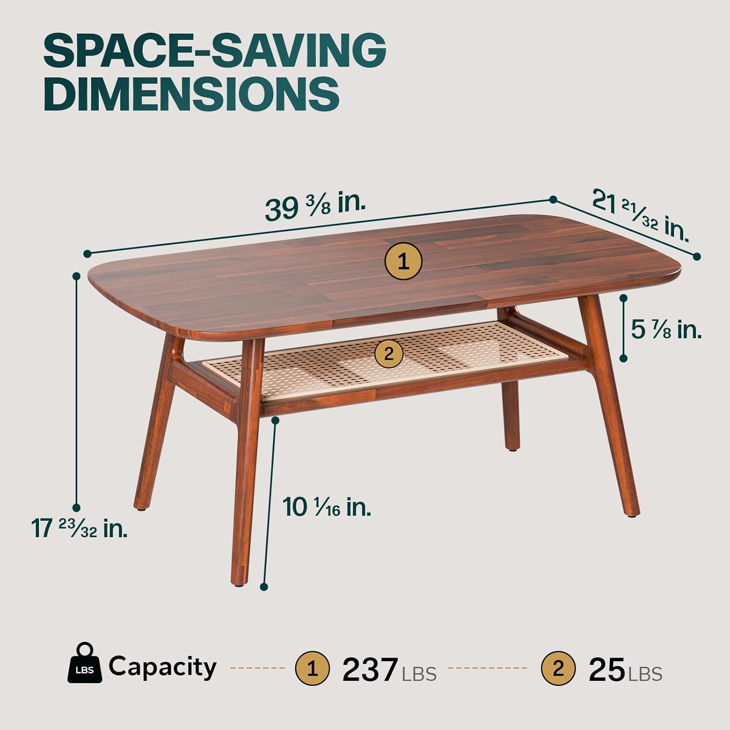 Solid Acacia Wood Coffee Table for Living Room, Spacious Oval-Shaped 237 Lbs Top Capacity, Rattan Shelf Below