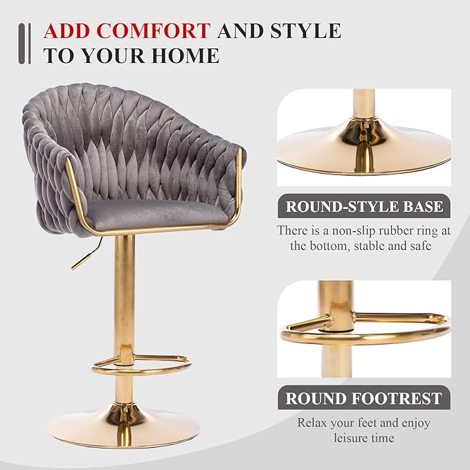 Velvet 360° Swivel Bar Stools with Hand Woven Backrest Design Upholstered Adjustable Counter Bar Stool with Golden Bracket Back and Footrest Bar Chair for Kitchen, Pub (1, Grey)