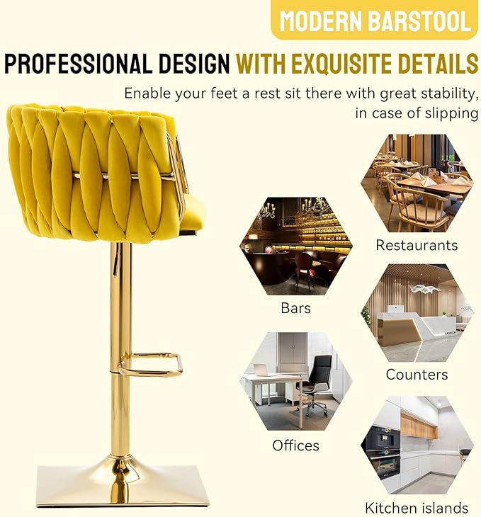Bar Stools Set of 2 with 360° Swivel Hand Woven Backrest Design Upholstered Adjustable Counter Velvet Bar Stool with Golden Bracket Back and Footrest Bar Chair for Kitchen, Pub (Mustard)
