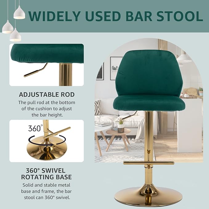 Modern Velvet Bar Stools Set of 2, Swivel Barstools with Golden Legs, Back Ring Design, Kitchen Island Chairs, Counter Height Stool for Home Bar, Kitchen Island,Pub, Cafe (Green)