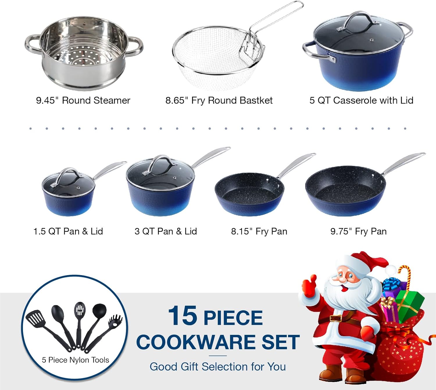Kitchen Cookware Sets - 15 Piece Nonstick Pots and Pans Sets with Granite Hammered for Induction & Dishwasher Safe, Oven, Stovetop, Blue