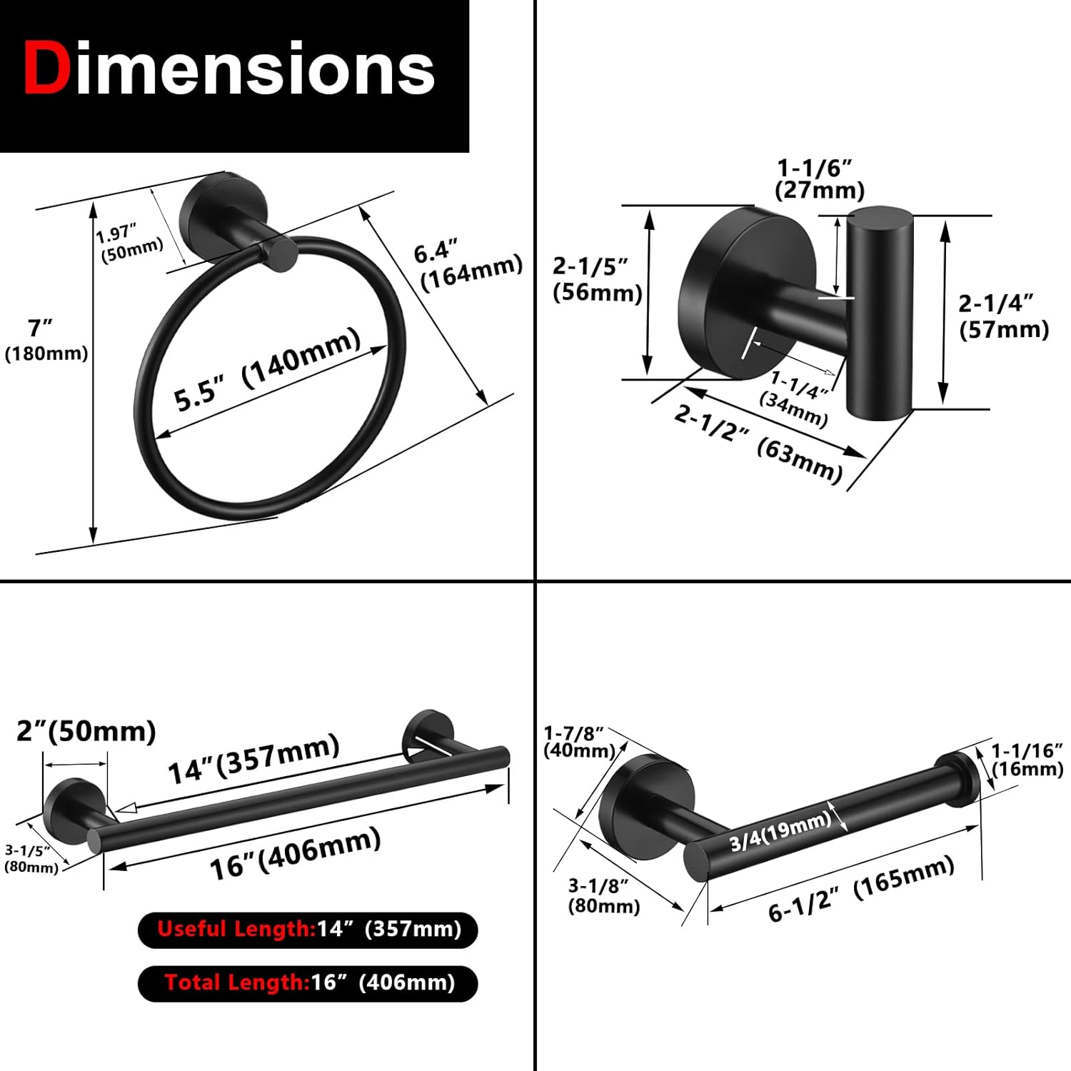 10Pieces Matte Black Bathroom Hardware Accessories Set Hand Towel Ring 16 inch Towel Bar Toilet Paper Holder Towel Hooks 4 Pieces Round SUS 304 Stainless Steel Heavy Duty Wall Mounted Bathroom Holder
