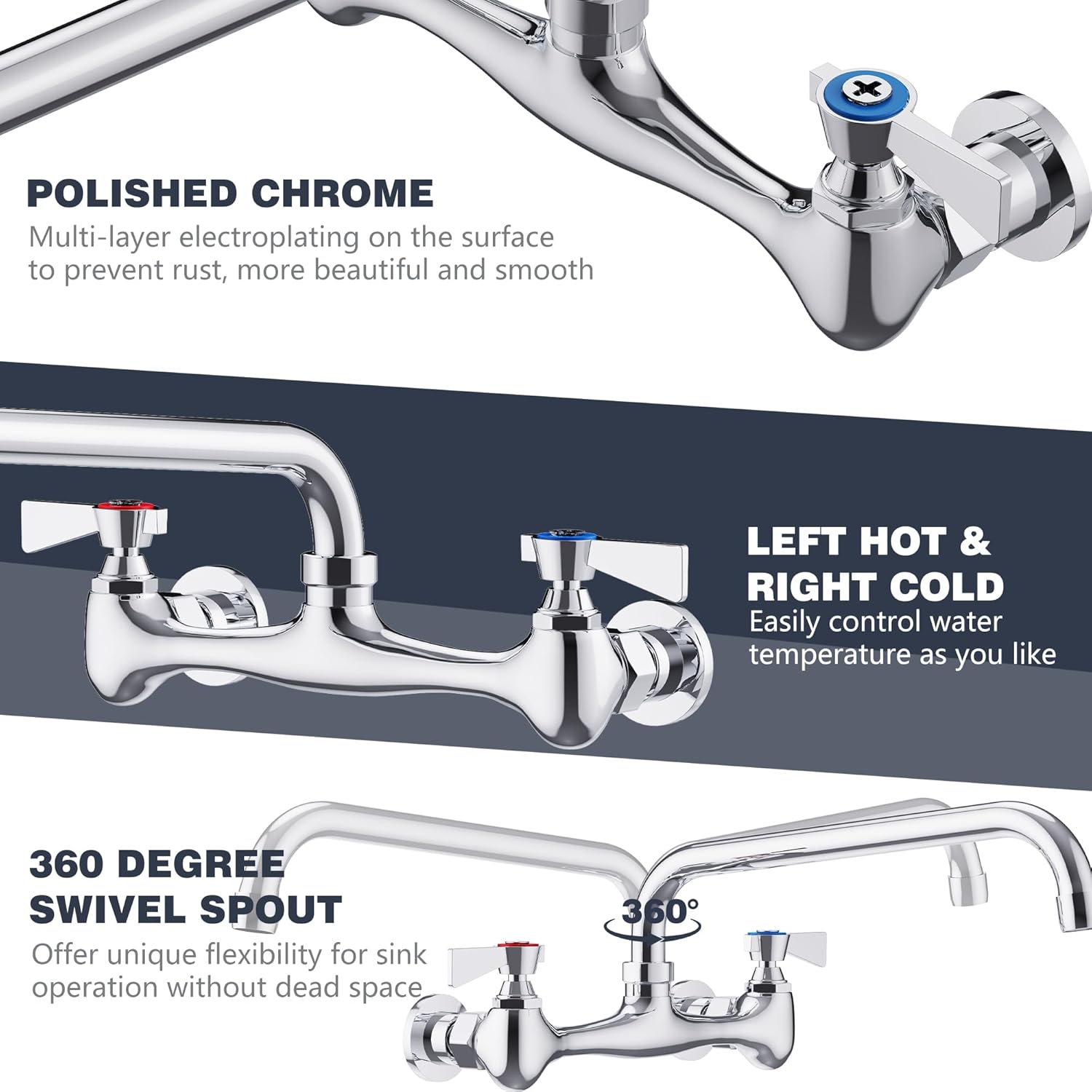 Wall Mount Commercial Sink Faucet with 12” Swivel Spout Polish Chrome Brass Utility Sink Faucet for Kitchen Laundry Restaurant Industrial Compartment Sink（Include 90 Degree Adapters）