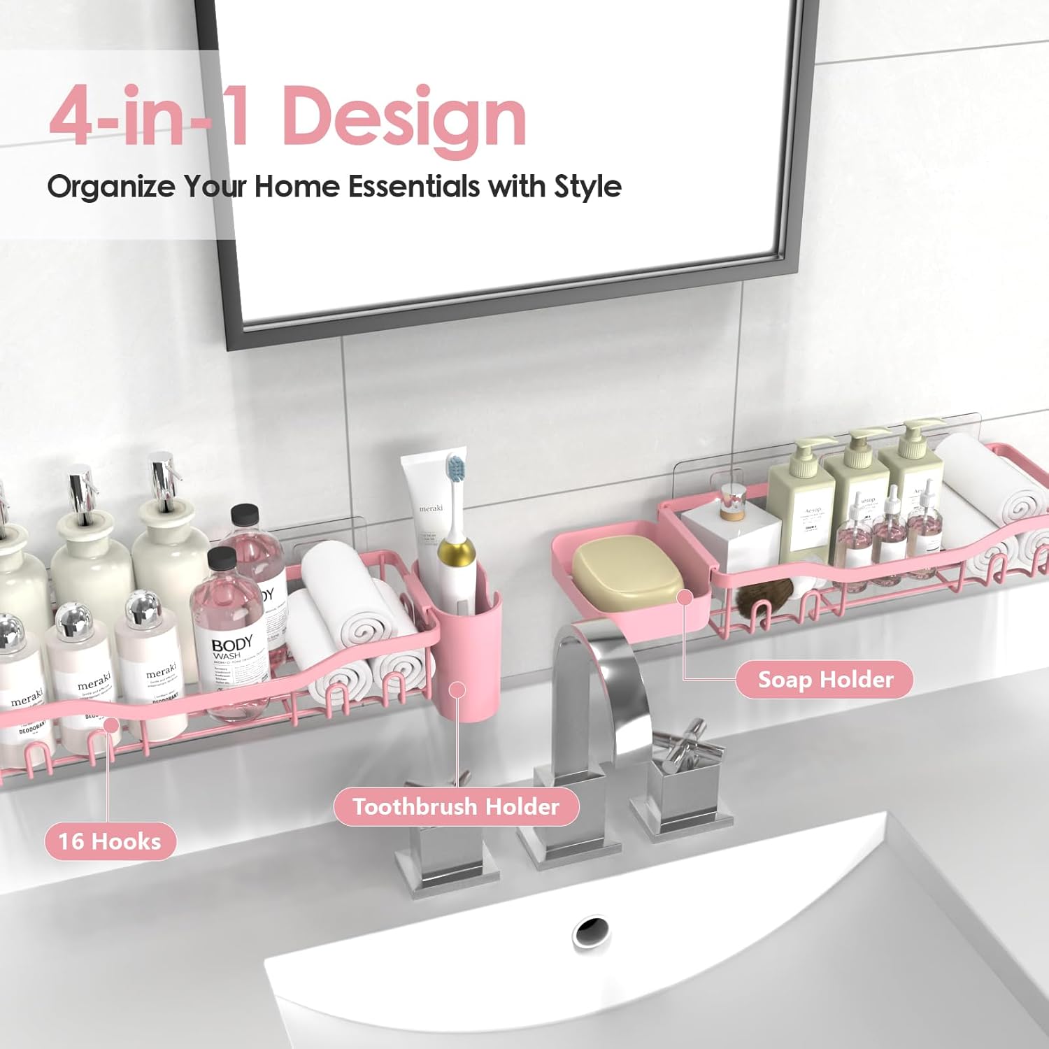 Shower Caddy Adhesive Shower Organizer Bathroom Shower Shelves, Shelf for Inside Shower Storage with Soap Dish&16 Hooks