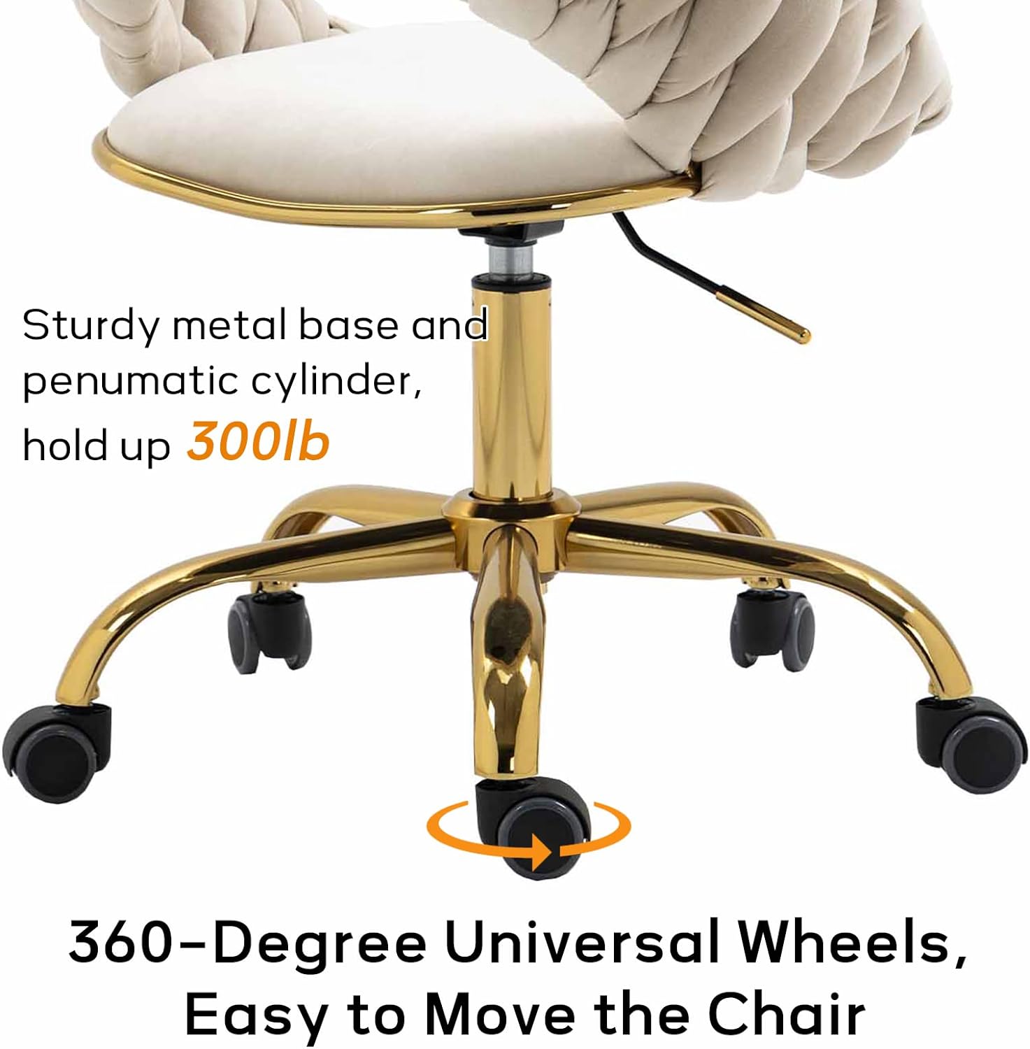 Swivel Velvet Home Office Chair, Upholstered Desk Chair, Modern Accent Armchair, Tufted Computer Task Stools with Gold Base for Girls, Women, Study, Living Room (Ivory)