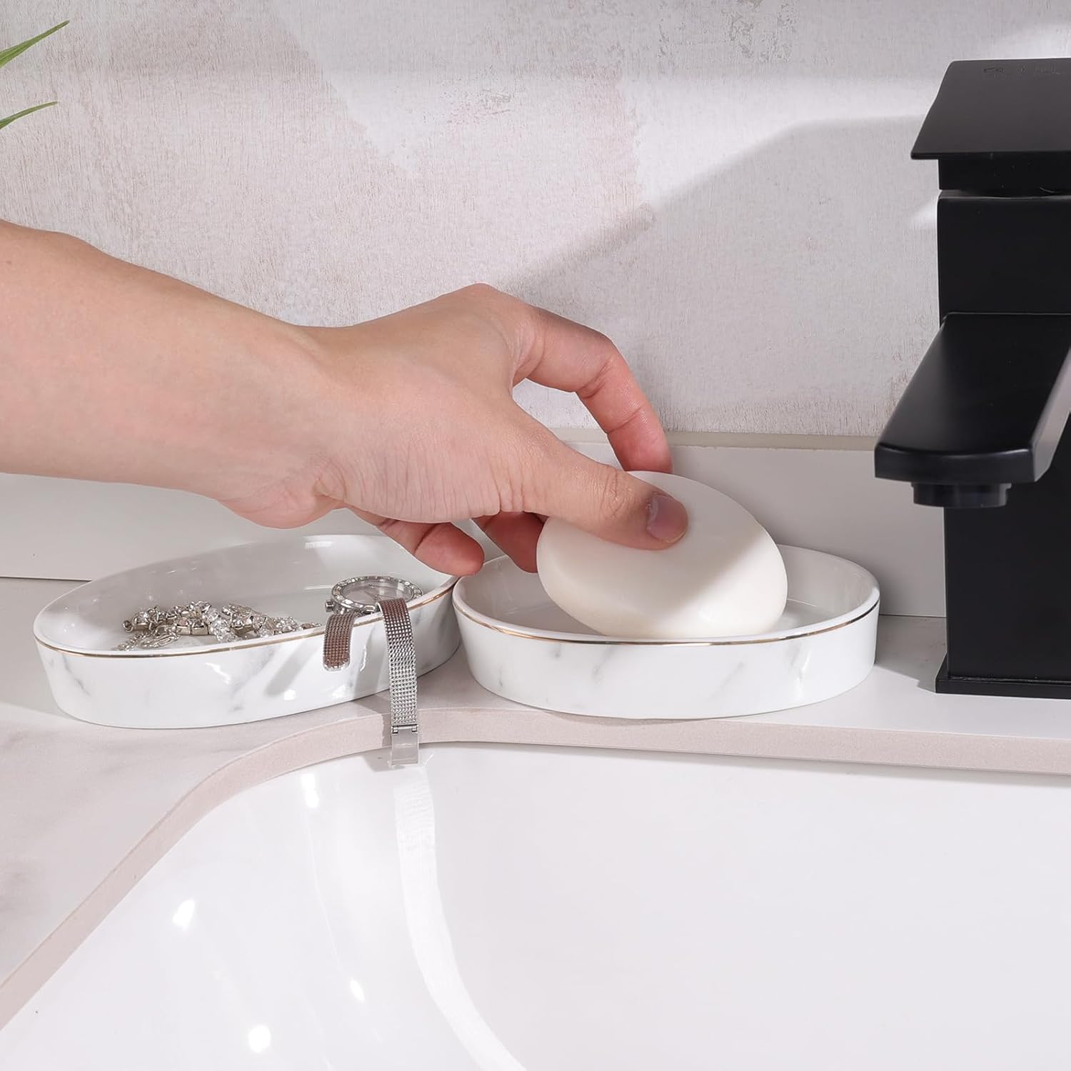 Ceramic White Marble Soap Holder Soap Bar Holder, Oval Soap Dish for Shower Bathroom Kitchen Sink, Easy Clean