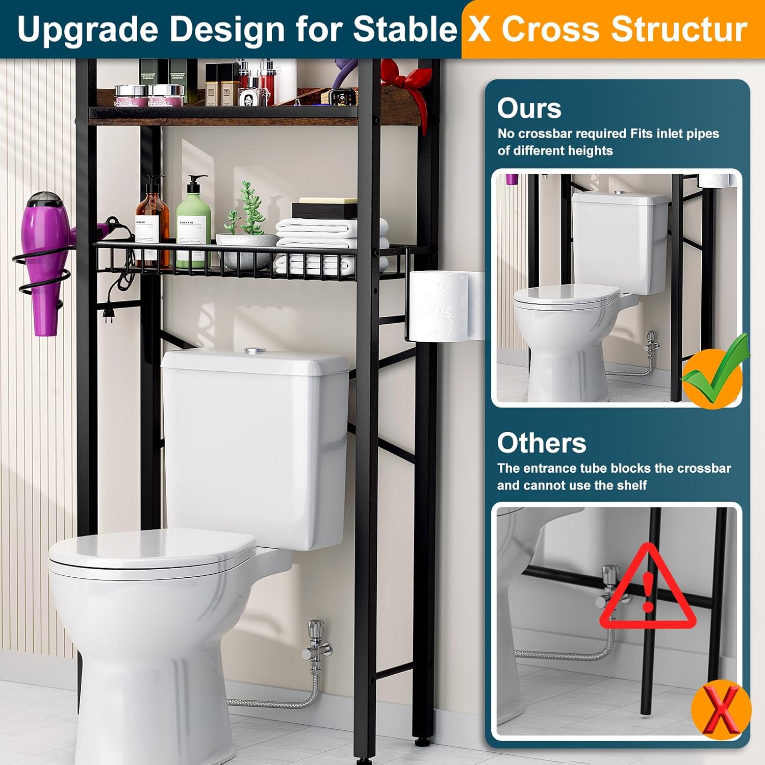 Over The Toilet Storage Cabinet,4 Tier Bathroom Organizers and Storage With Adjustable Shelf Waterproof Feet Pad and Basket