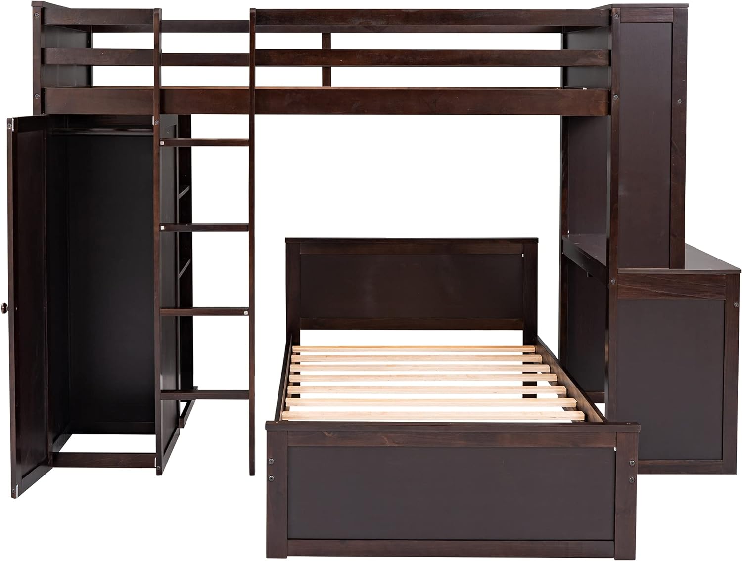 Loft Bed with Desk and Wardrobe Twin Over Twin Loft Bunk Beds Frame with Storage Drawers and Bookcase Wood All in One Beds for Kids Boys Girls Teens, Espresso