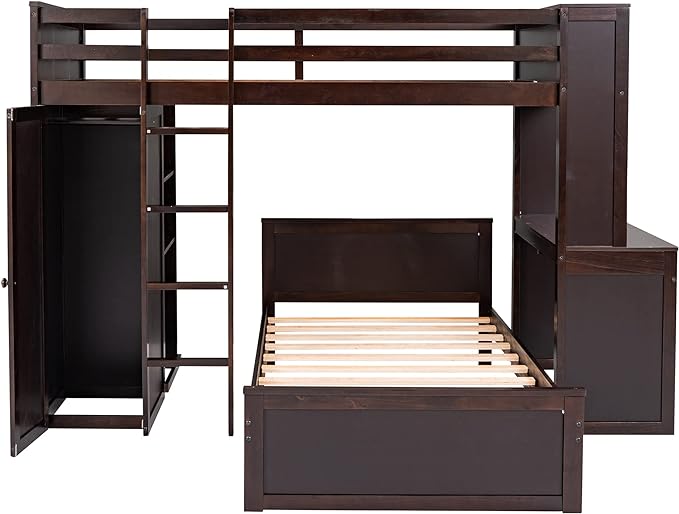 Loft Bed with Desk and Wardrobe Twin Over Twin Loft Bunk Beds Frame with Storage Drawers and Bookcase Wood All in One Beds for Kids Boys Girls Teens, Espresso
