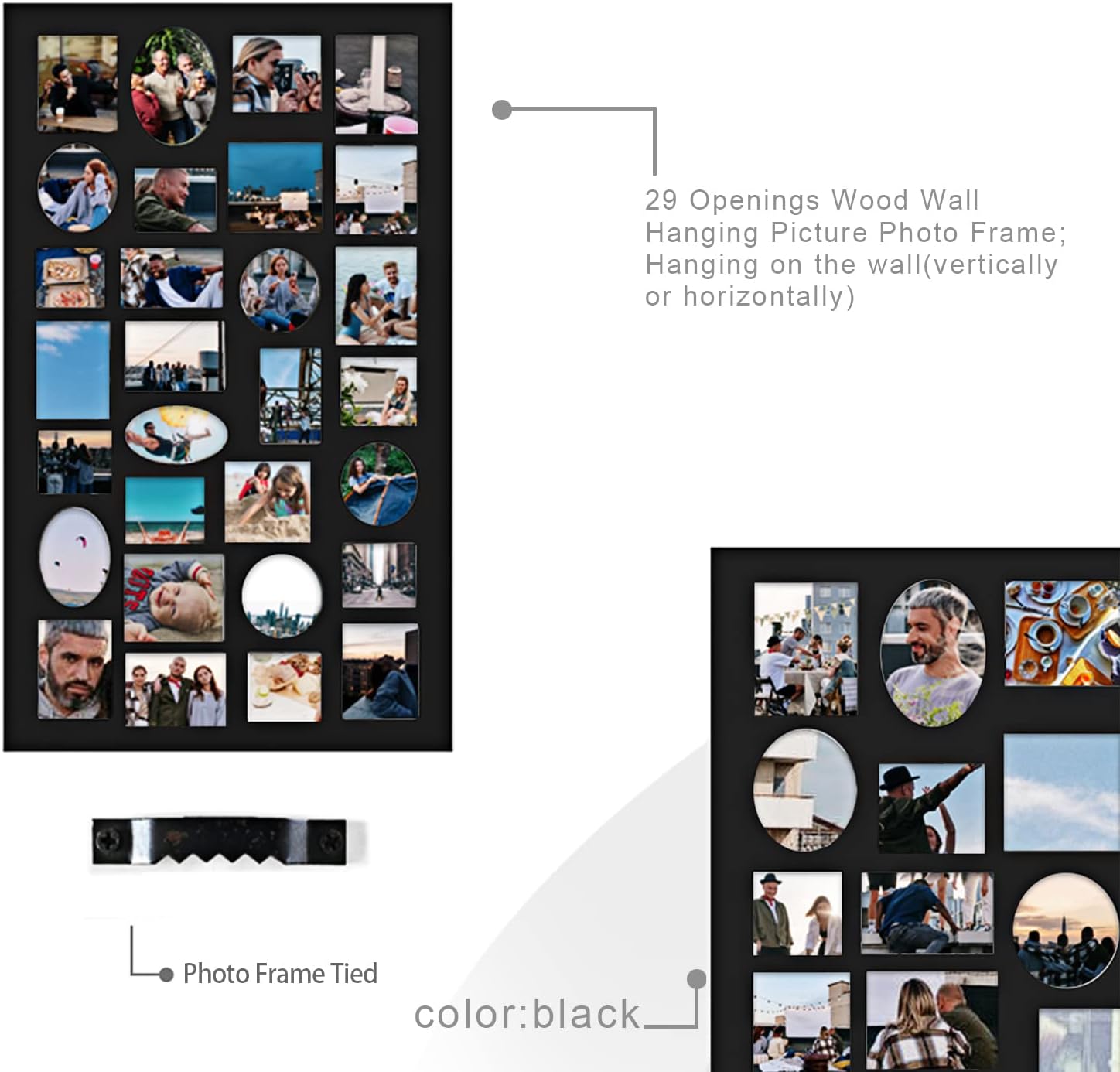 Decorative Black Wood Wall Hanging Collage Picture Photo Frame, 29 Openings