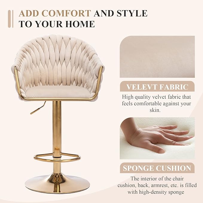 Velvet 360° Swivel Bar Stools with Hand Woven Backrest Design Upholstered Adjustable Counter Bar Stool with Golden Bracket Back and Footrest Bar Chair for Kitchen, Pub (1, Ivory)
