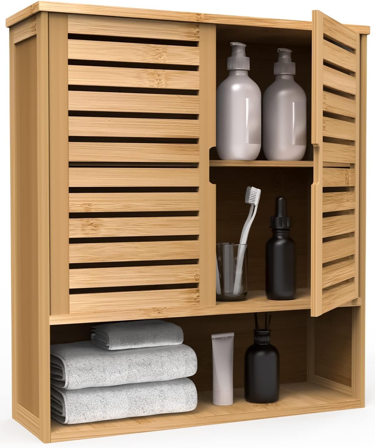 Bathroom Wall Cabinet, Bamboo Medicine Cabinet Wall Mounted, Over The Toilet Hanging Cabinet with 2 Doors & 3 Tier Shelves
