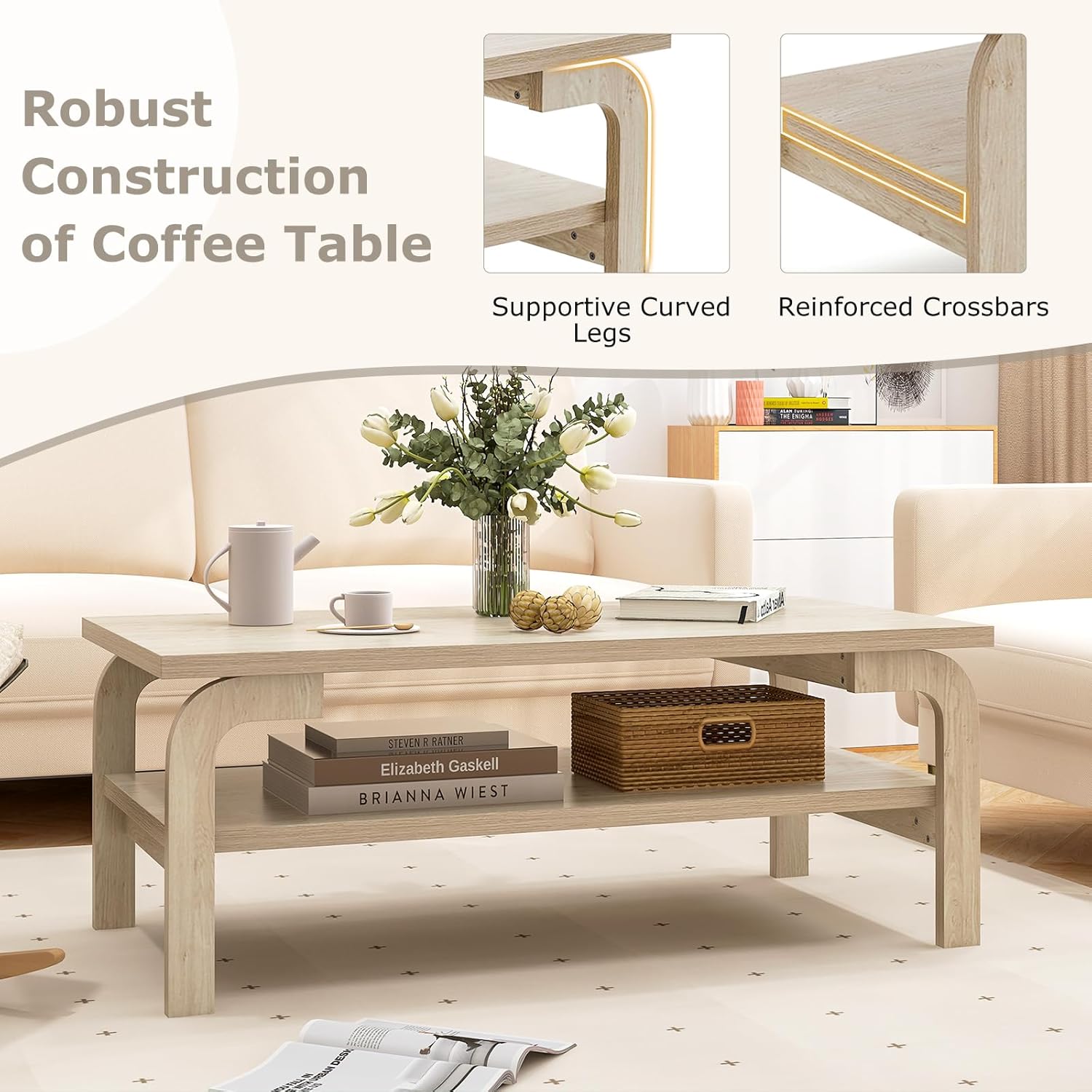 2-Tier Coffee Table with Storage, 47” Mid Century Rectangle Accent Table with Open Shelf, Large Tabletop & Curved Legs
