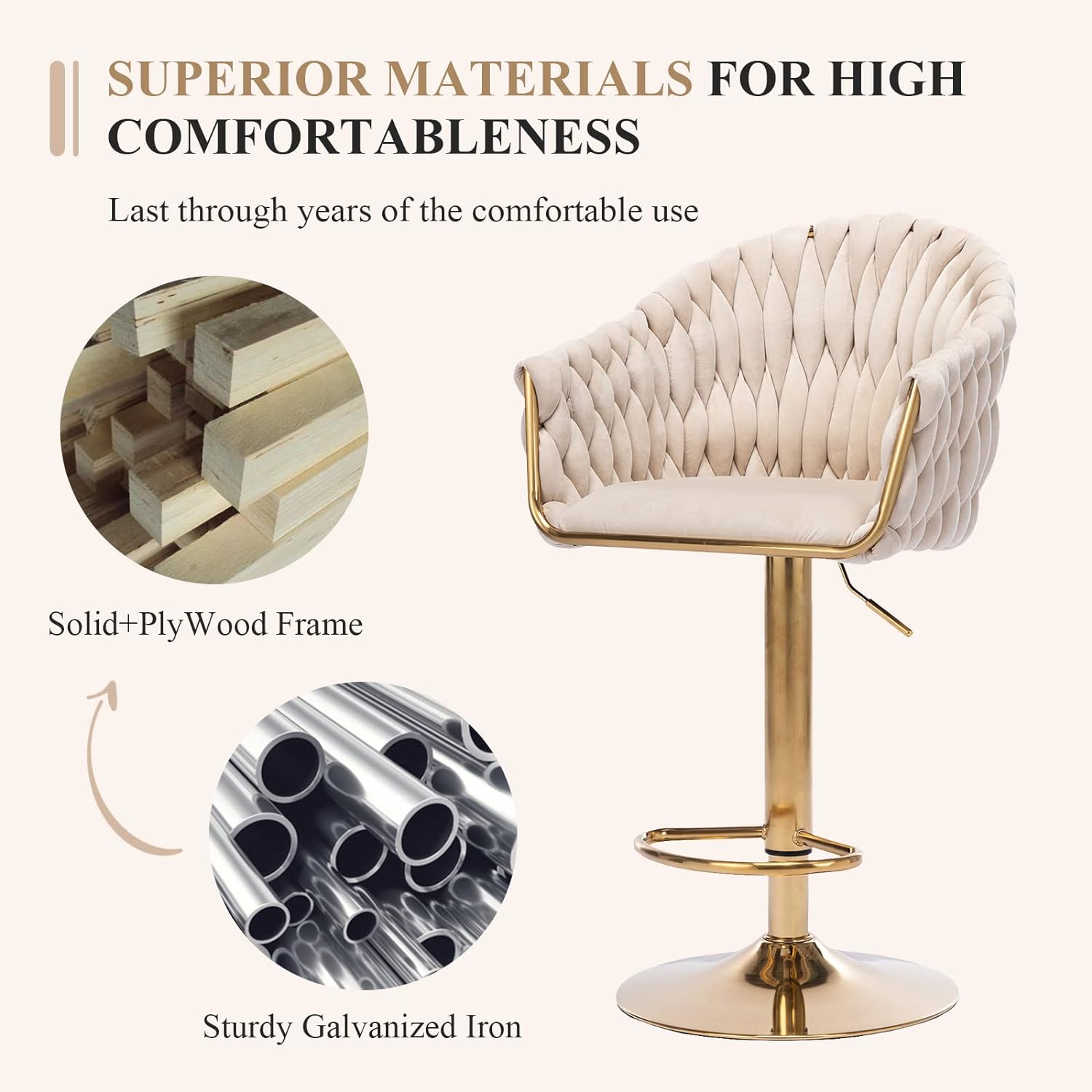 Velvet 360° Swivel Bar Stools with Hand Woven Backrest Design Upholstered Adjustable Counter Bar Stool with Golden Bracket Back and Footrest Bar Chair for Kitchen, Pub (1, Ivory)
