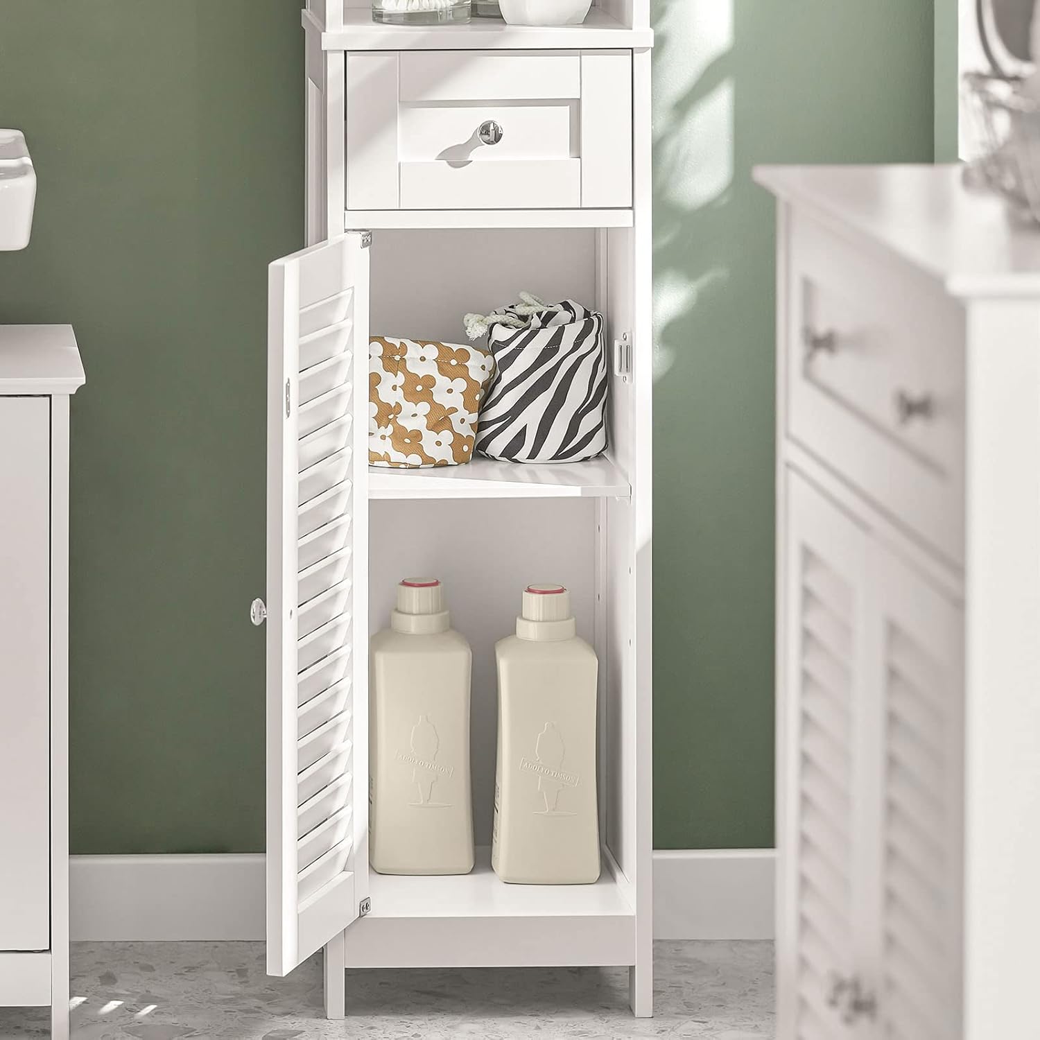 Tall Bathroom Storage Cabinet with Shelves and Drawers, Freestanding Linen Cabinet with Adjustable Shelves