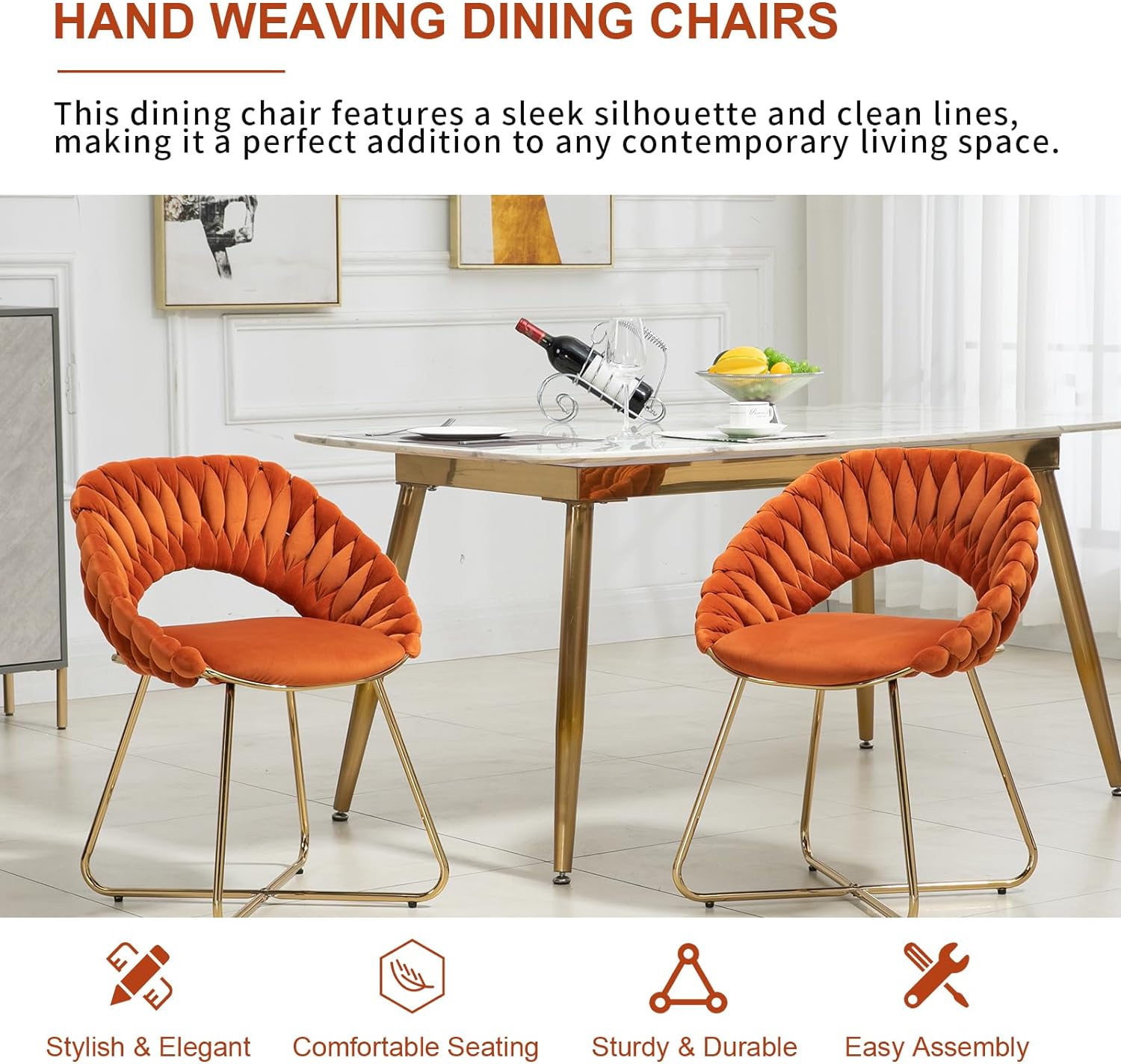 Dining Chairs Set of 2, Hand Weaving Makeup Chairs, Velvet Upholstered Living Room Chairs with Gold Legs, Accent Side Chairs for Dining Room, Kitchen, Bedroom, Vanity (Orange)
