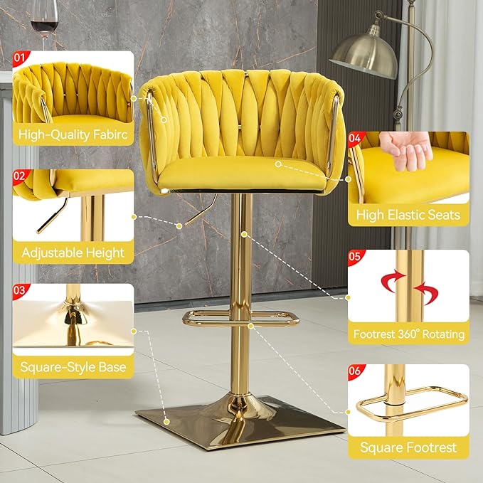 Bar Stools Set of 2 with 360° Swivel Hand Woven Backrest Design Upholstered Adjustable Counter Velvet Bar Stool with Golden Bracket Back and Footrest Bar Chair for Kitchen, Pub (Mustard)