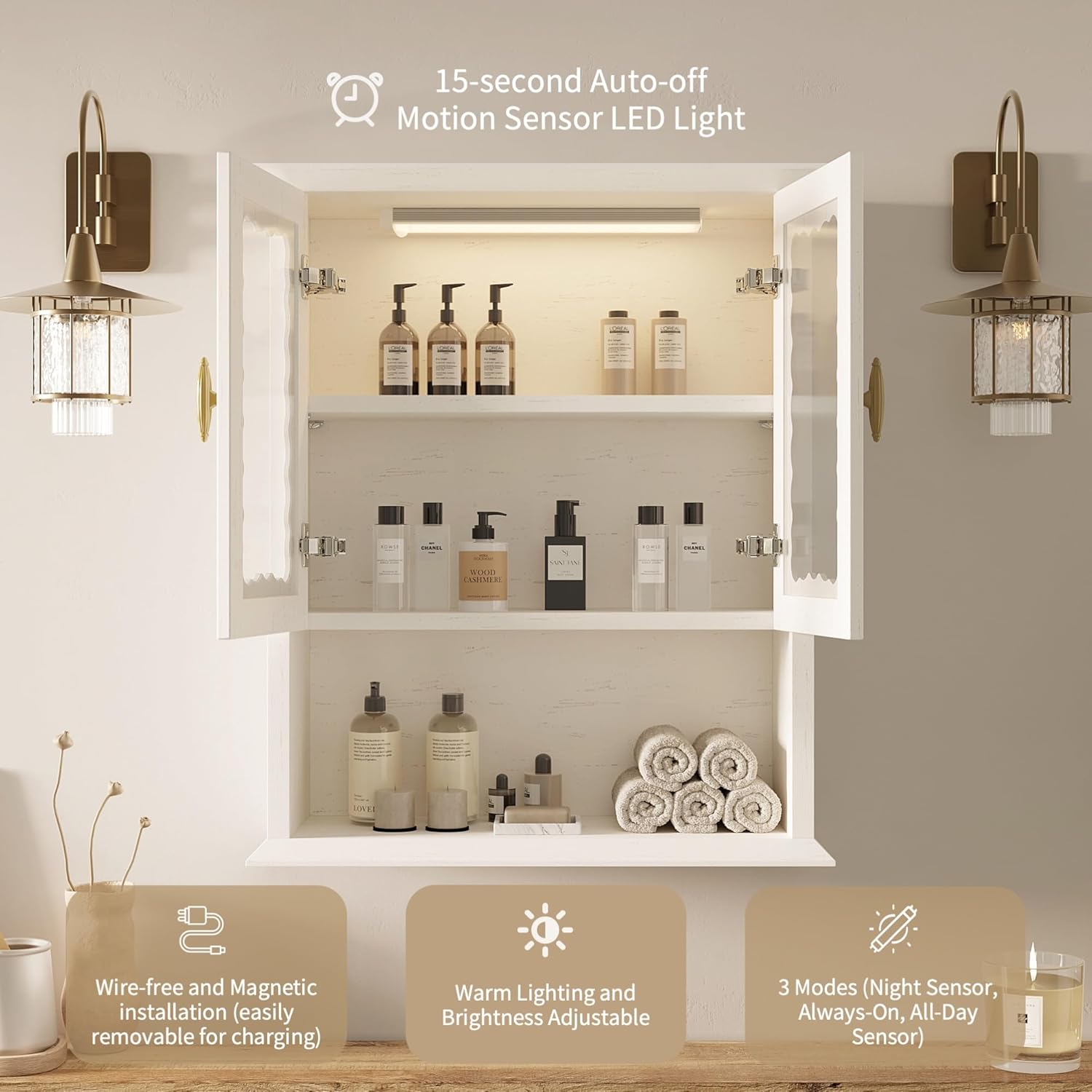 Bathroom Wall Cabinet with Motion Sensor Led Light, Over The Toilet Storage Cabinet