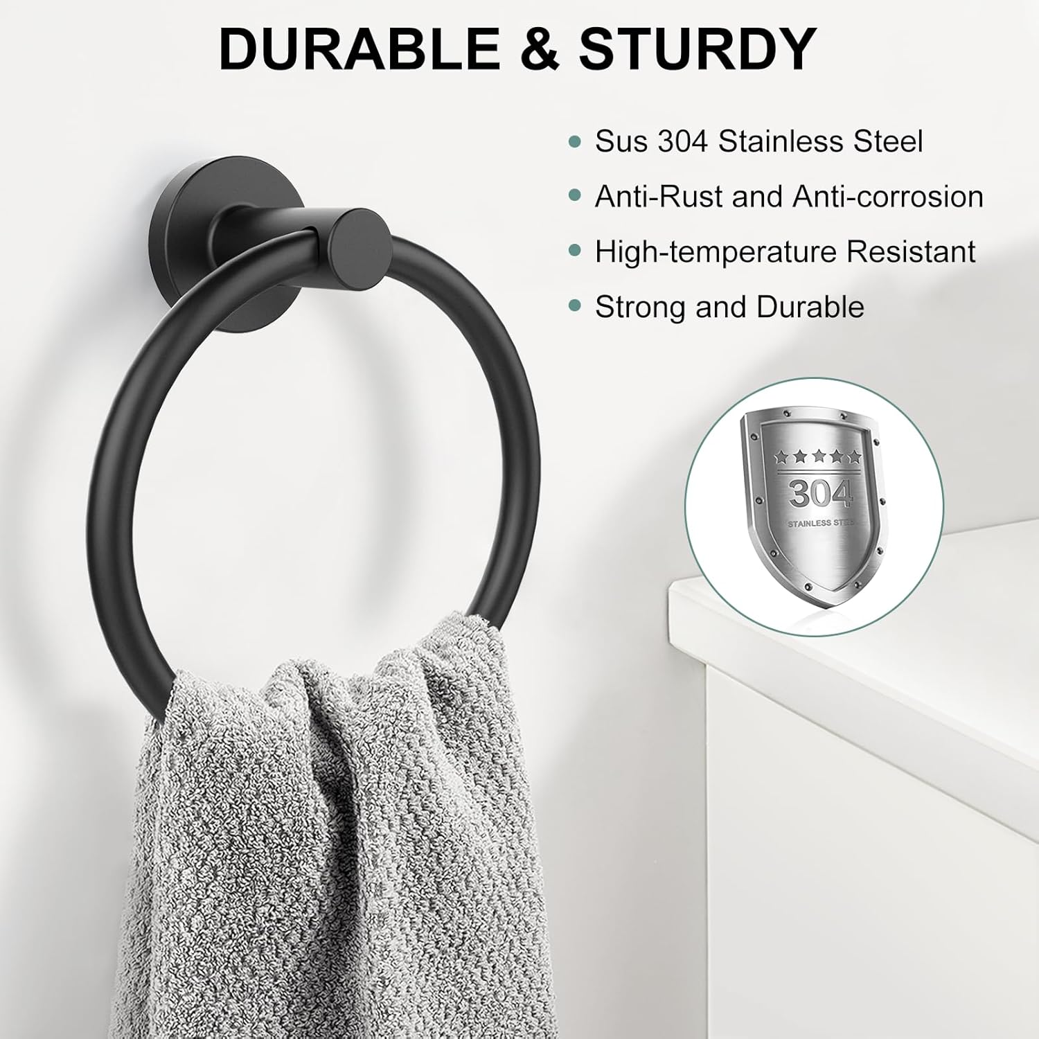 Towel Holder for Bathroom Wall Matte Black Towel Ring 304 Stainless Steel