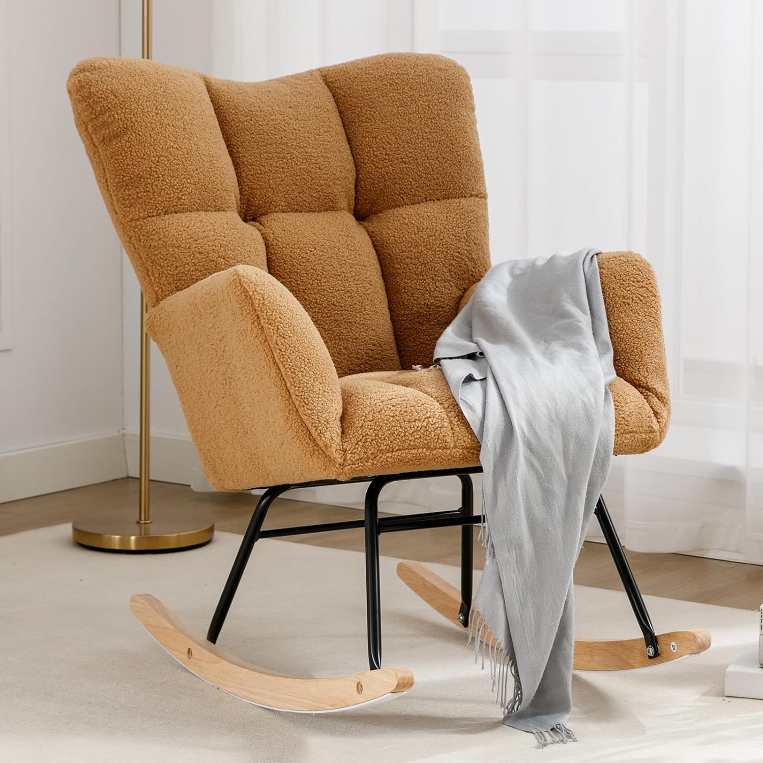 Nursery Rocking Chair Teddy Upholstered Glider Rocker Rocking Accent Chair Padded Seat with High Backrest Armchair Comfy Side Chair for Living Room Bedroom Offices (Blue Velvet)