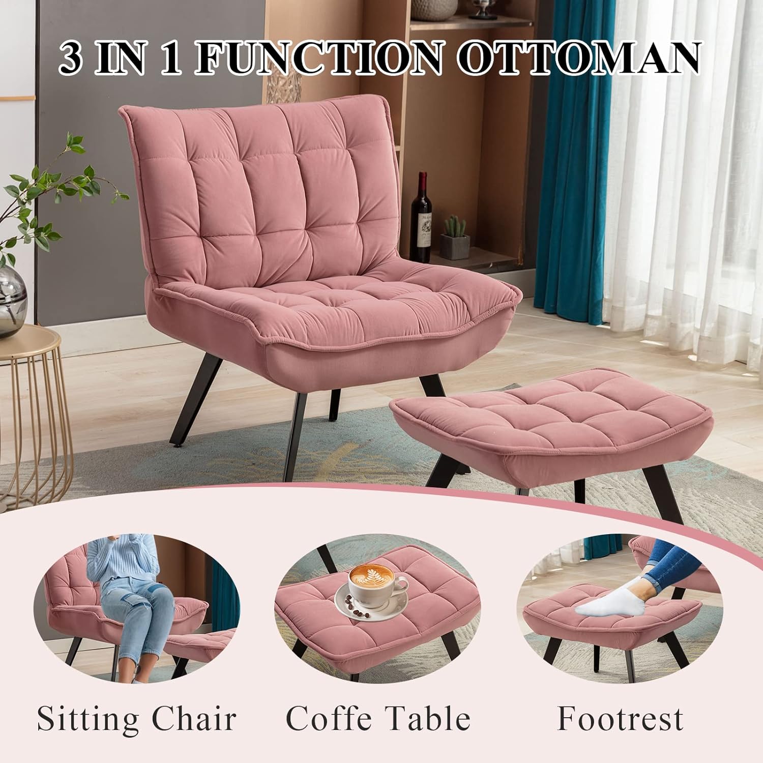 Accent Chair with Ottoman, Tufted Upholstered Lazy Chair, Club Chair, Leisure Single Sofa with Footrest, Reading Chair with Adjustable Leg, for Living Room, Bedroom, Office (Pink)