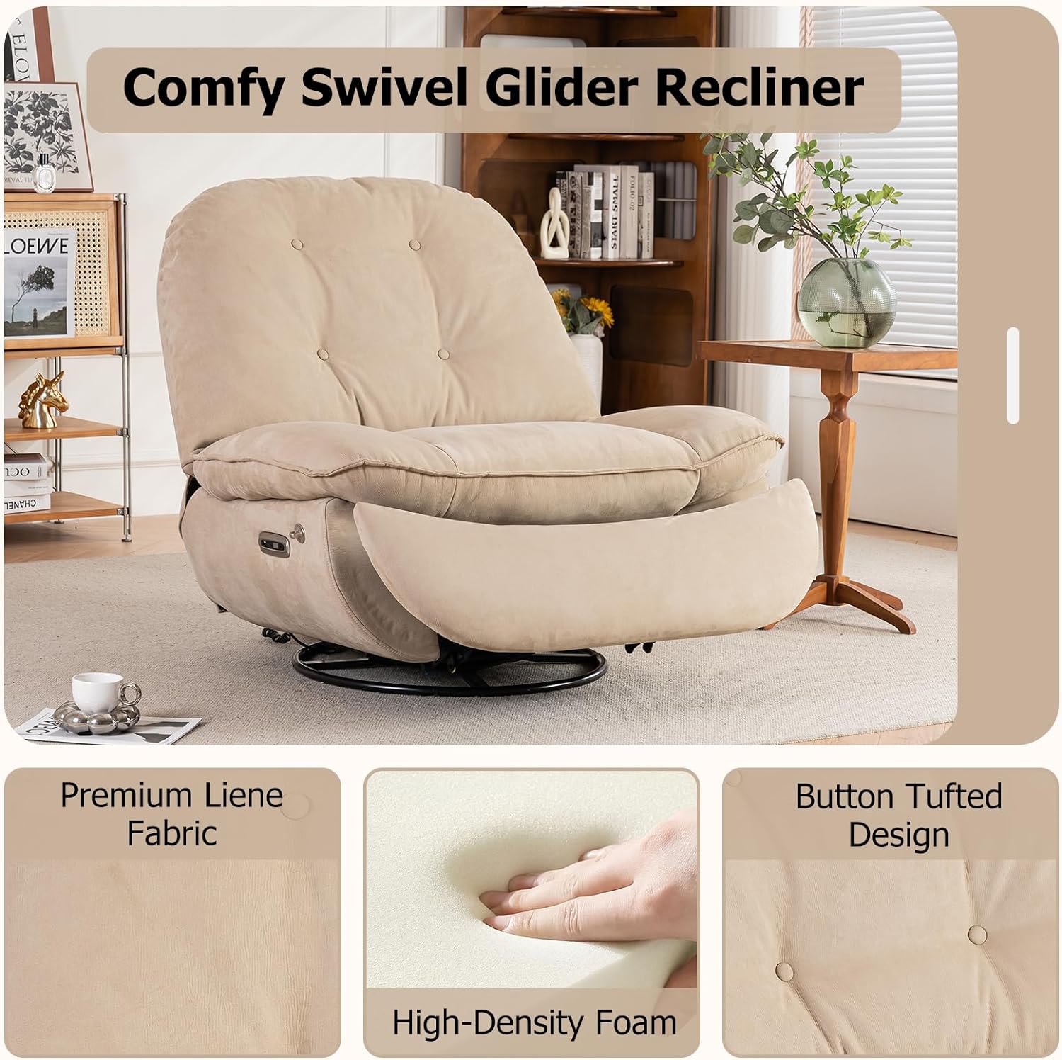 Electronic Recliner, 360 Degree Swivel Glider Rocking Chair with USB Charger, Swivel Single Sofa Seat with Bluetooth, Home Theater Recliner Seat with Phone Holder (Camel)