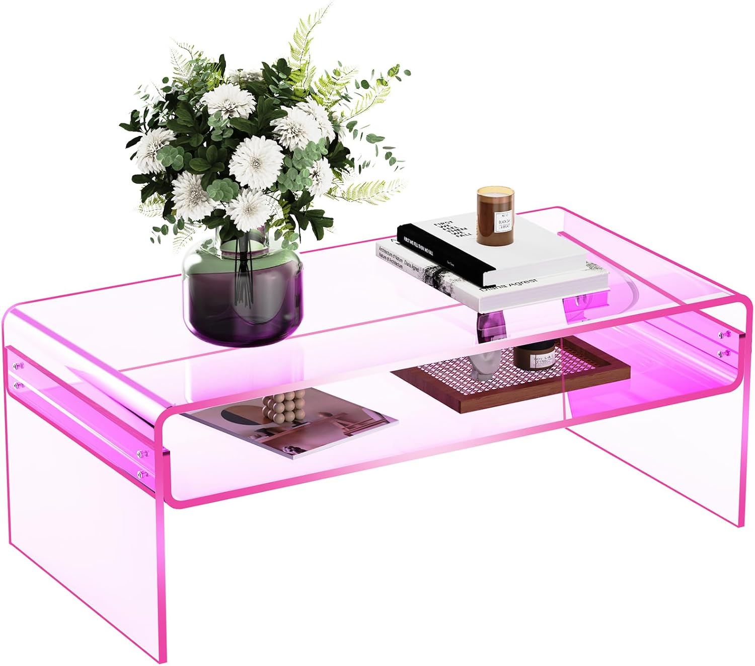 Acrylic Coffee Table for Living Room Clear Rectangle Lucite Table with Open Storage Shelf (1, Pink, Large)