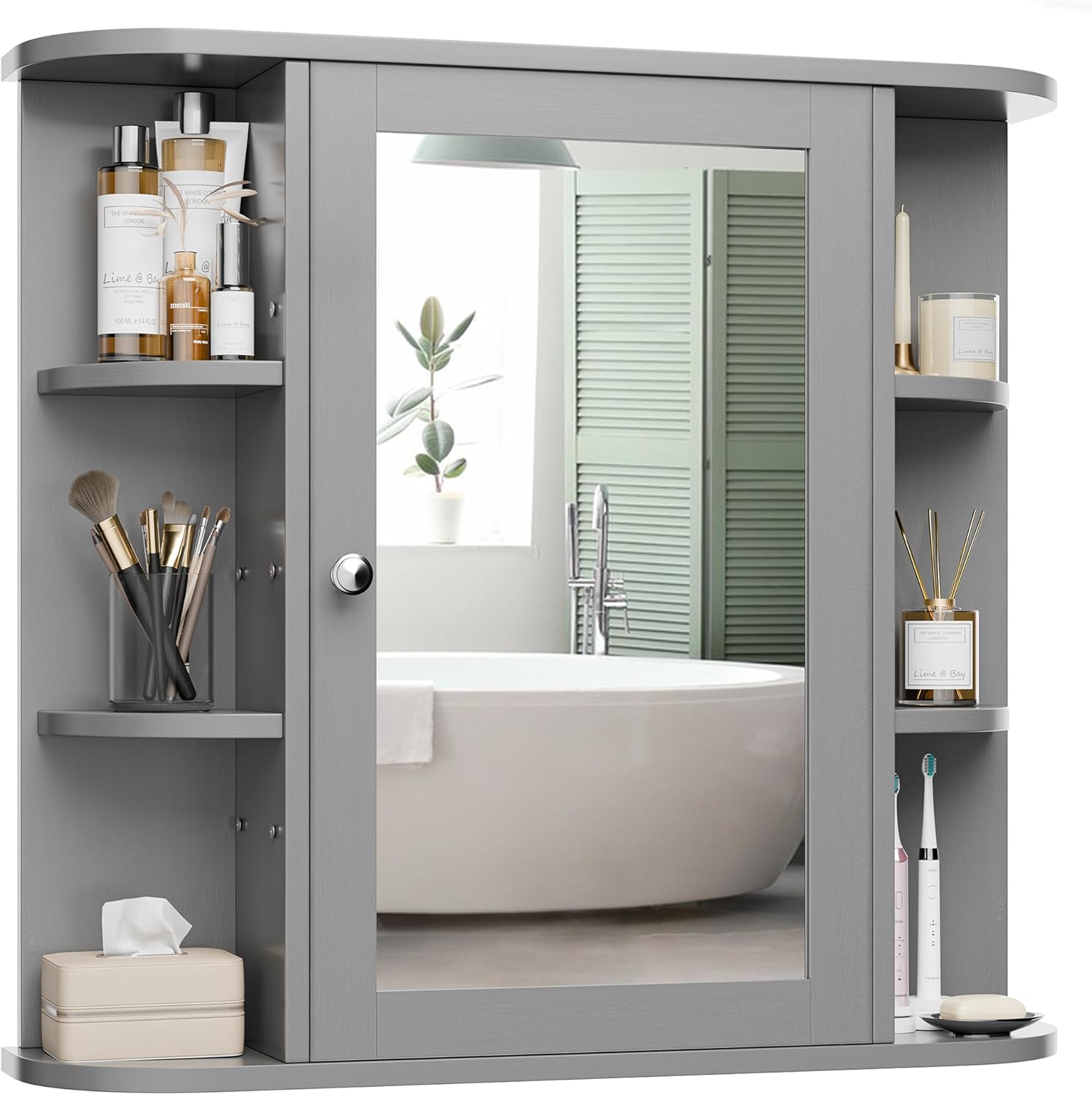 Bathroom Mirror Cabinet Wall Mounted, Bathroom Medicine Cabinet with Mirror and 6 Open Shelves