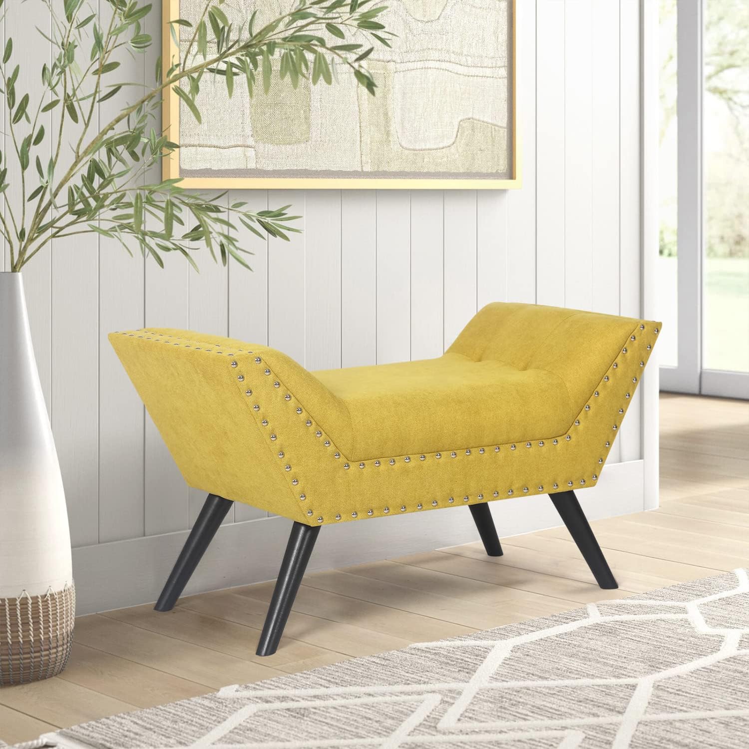 Modern Upholstered Fabric Ottoman Bench Tufted Entryway Accent Bench