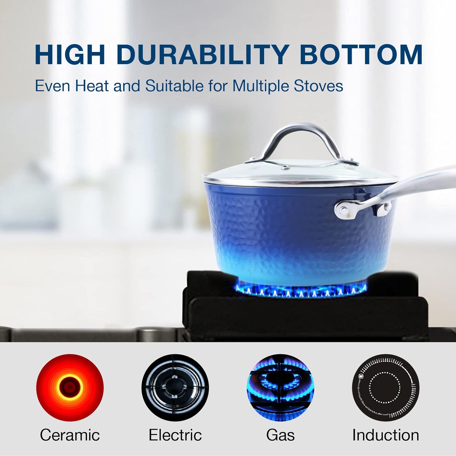 Kitchen Cookware Sets - 15 Piece Nonstick Pots and Pans Sets with Granite Hammered for Induction & Dishwasher Safe, Oven, Stovetop, Blue