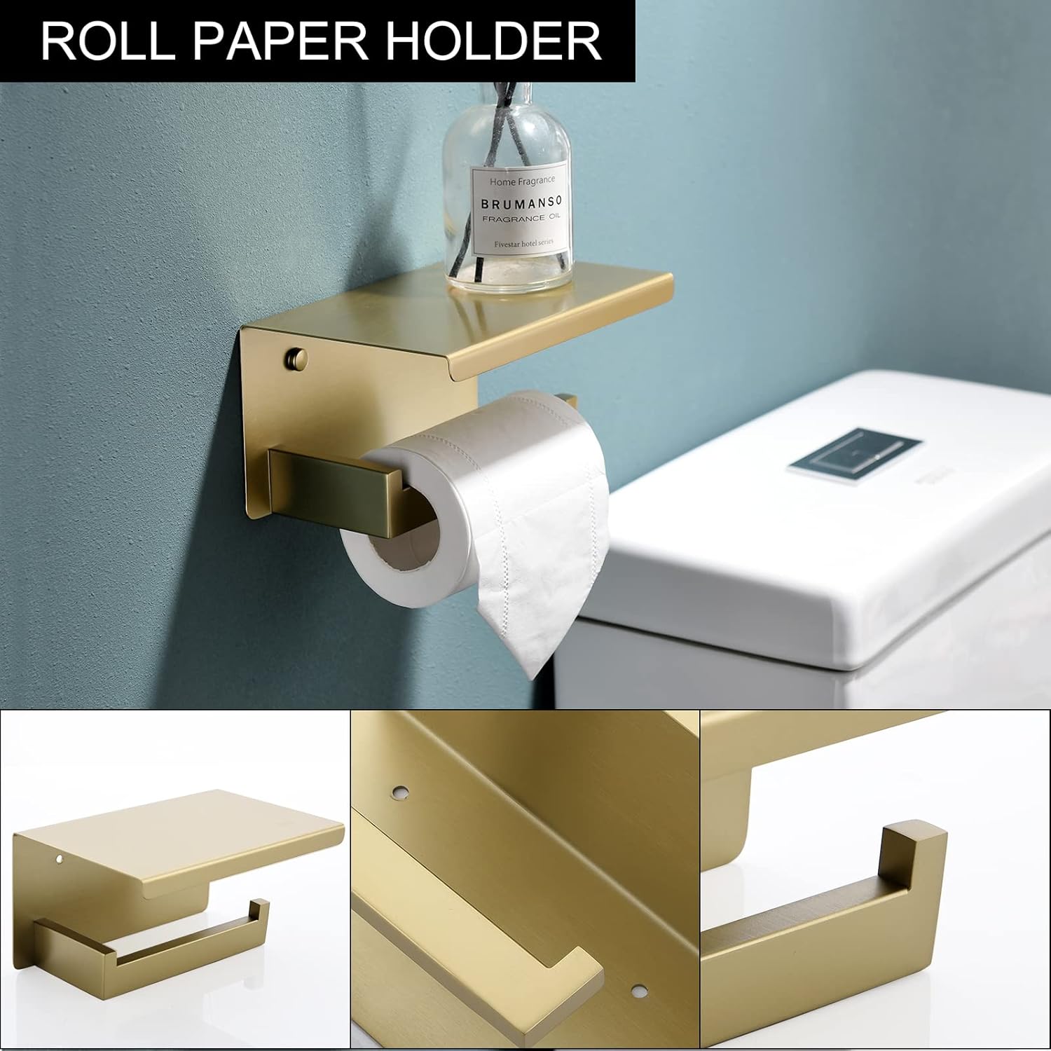 5-Piece Bathroom Hardware Set 23.6 Inch Gold Towel Bar Set Towel Bar Towel Ring Coat Hook and Toilet Paper Holder with Shelf