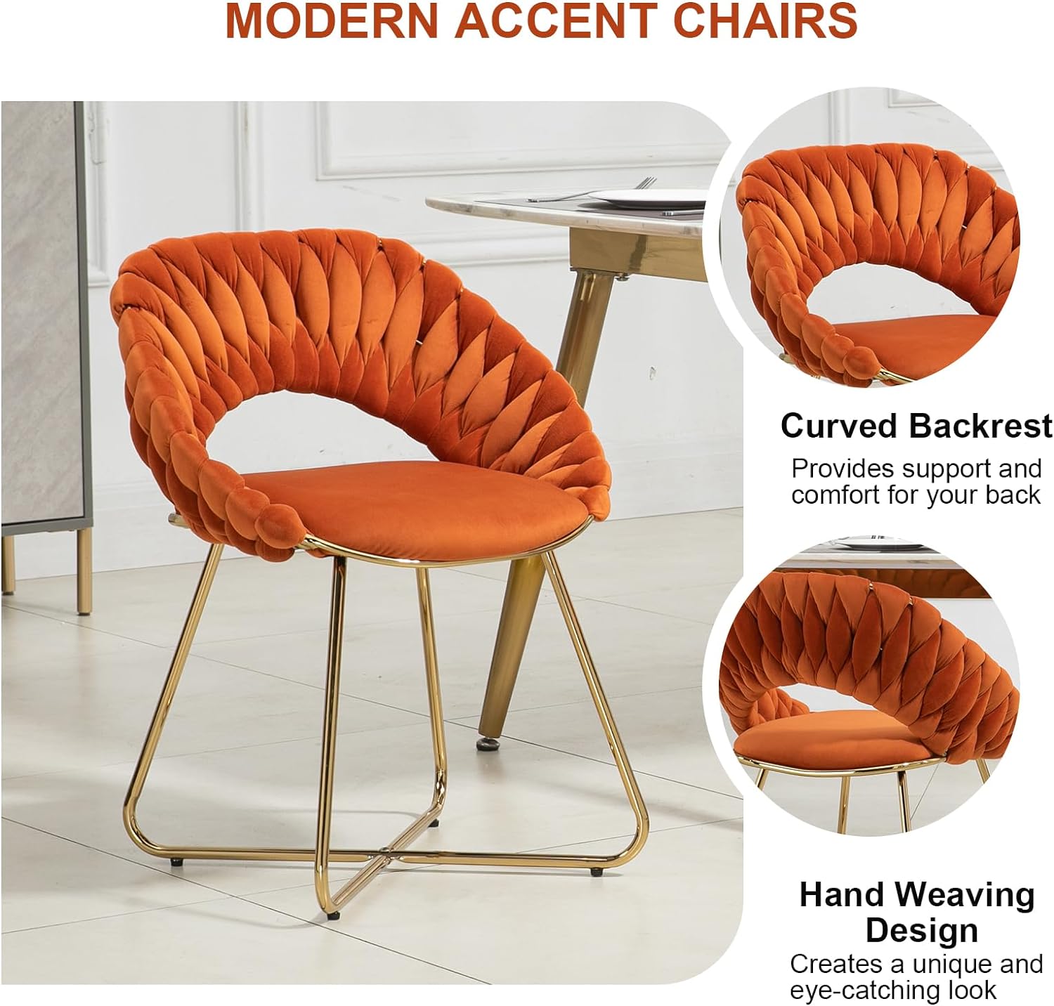 Dining Chairs Set of 2, Hand Weaving Makeup Chairs, Velvet Upholstered Living Room Chairs with Gold Legs, Accent Side Chairs for Dining Room, Kitchen, Bedroom, Vanity (Orange)