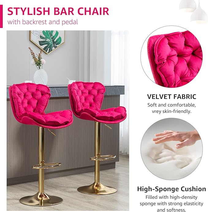 Velvet 360°Swivel Bar Stools Set of 2, Adjustable Bar Chair with Armless Design Tufted Backrest and Metal Gold Legs Dining Chairs Counter Stools for Dining Room, Island, Pub, Bar (Rose Red)
